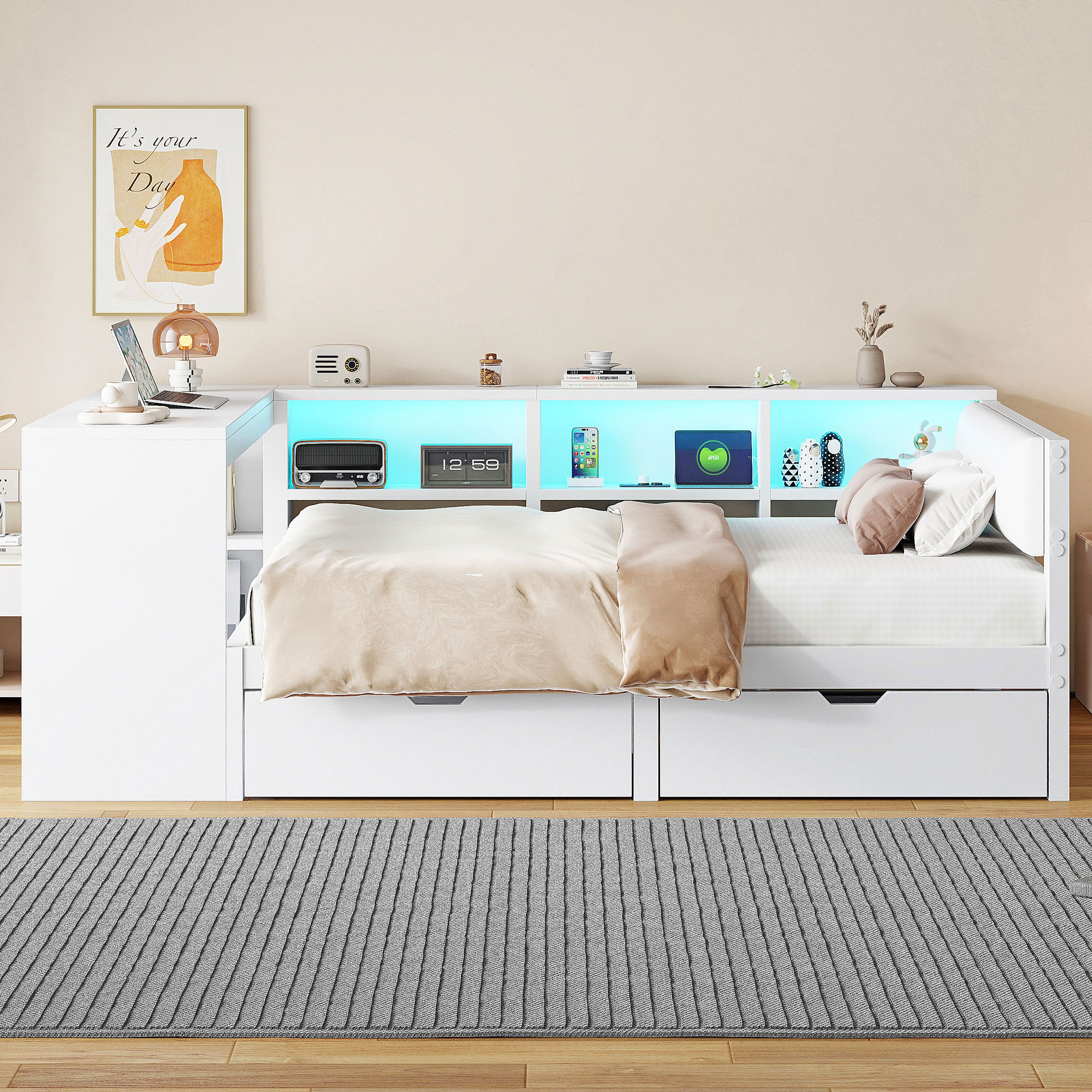 Lit plateforme avec rangements, tiroirs et station de charge, 140x200, tête rembourrée