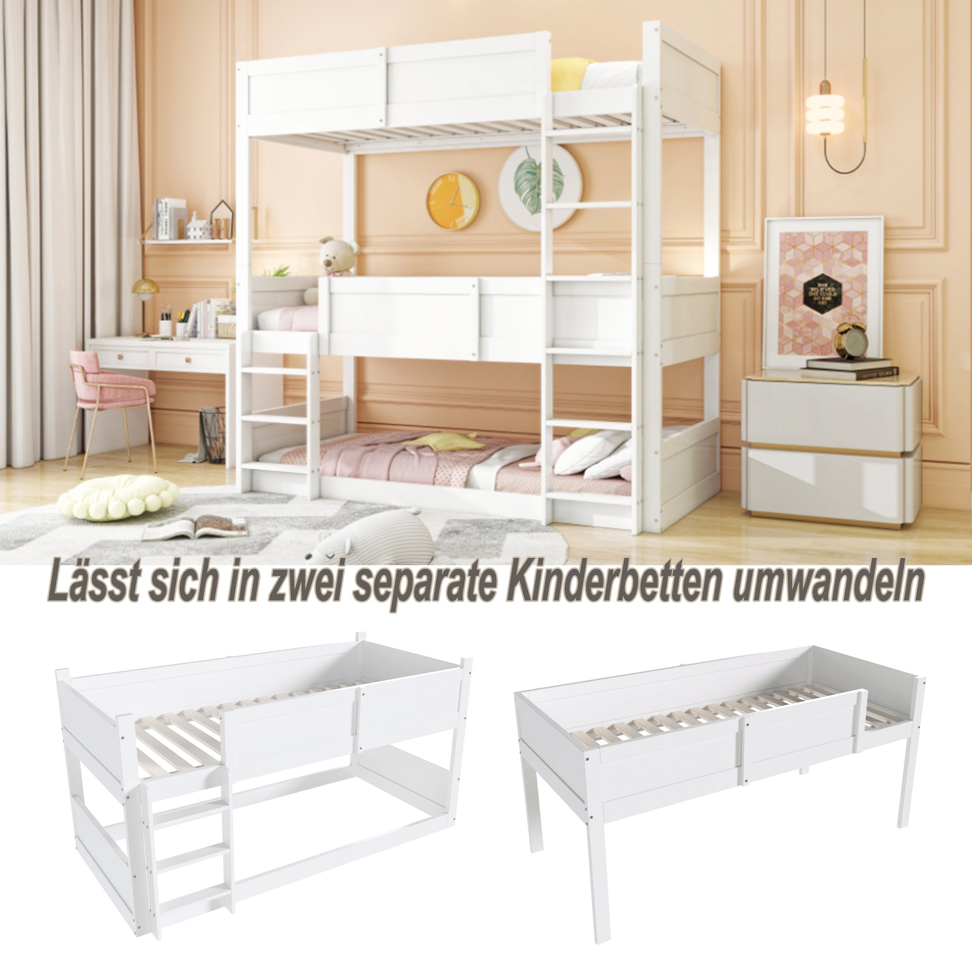 Lit mezzanine enfant 90x200 en bois massif blanc, 3 couchages, avec garde-corps et lattes