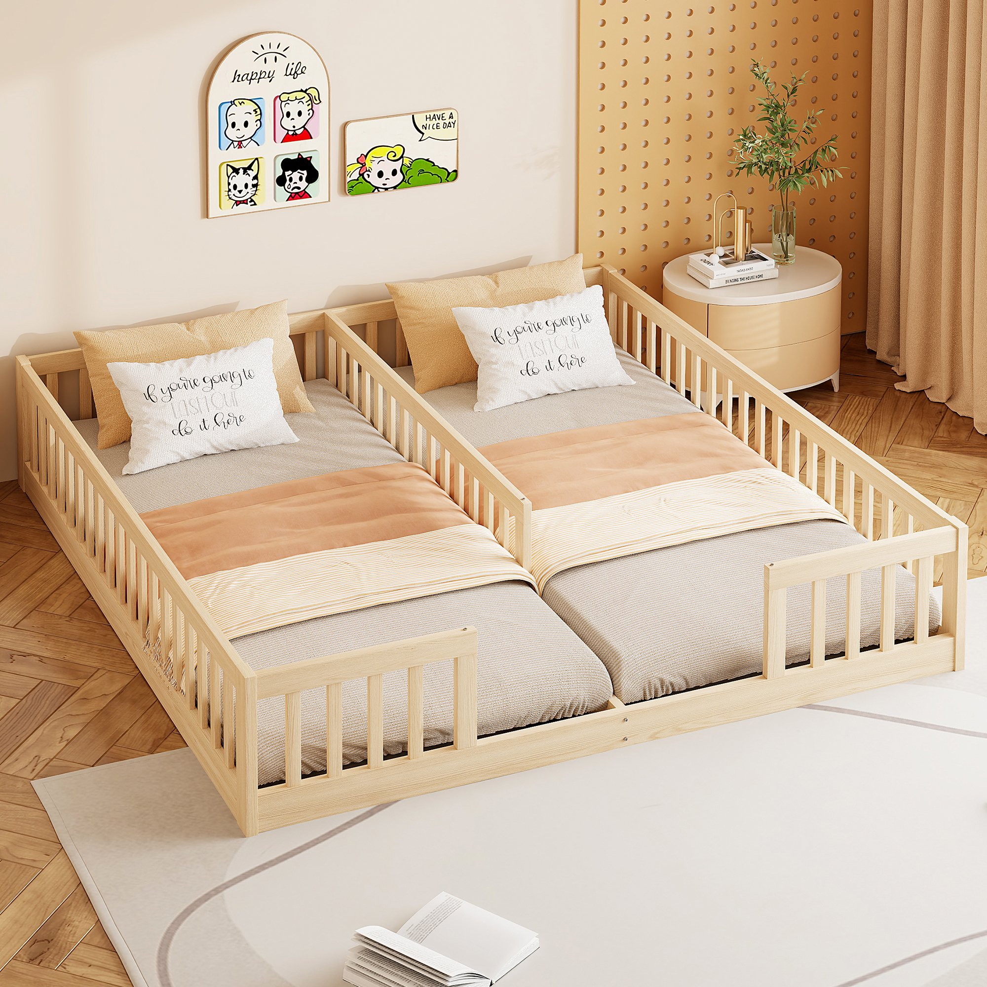 Lit enfant 90x200 avec barrière de sécurité, en pin naturel, sans matelas, pour deux enfants