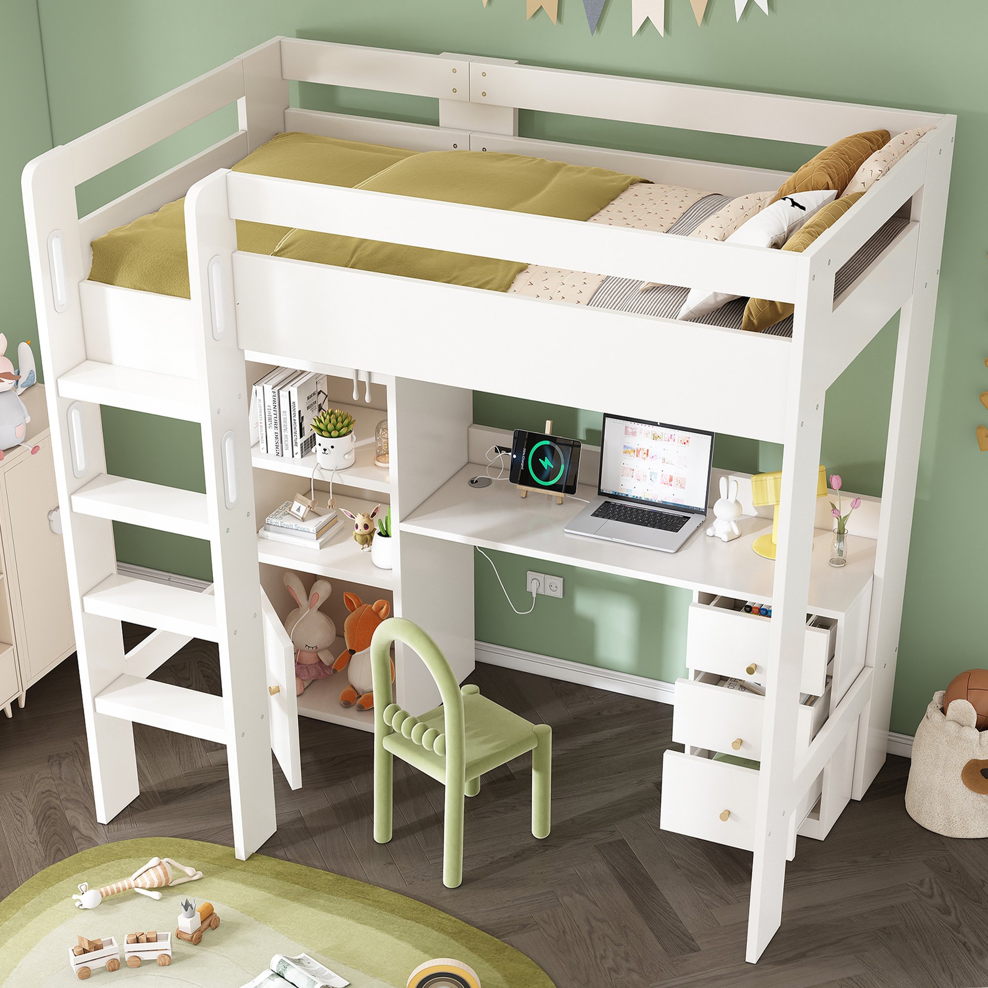 Lit mezzanine enfant avec bureau ergonomique USB Type-C, rangement complet armoire et tiroirs, structure stable 1 place