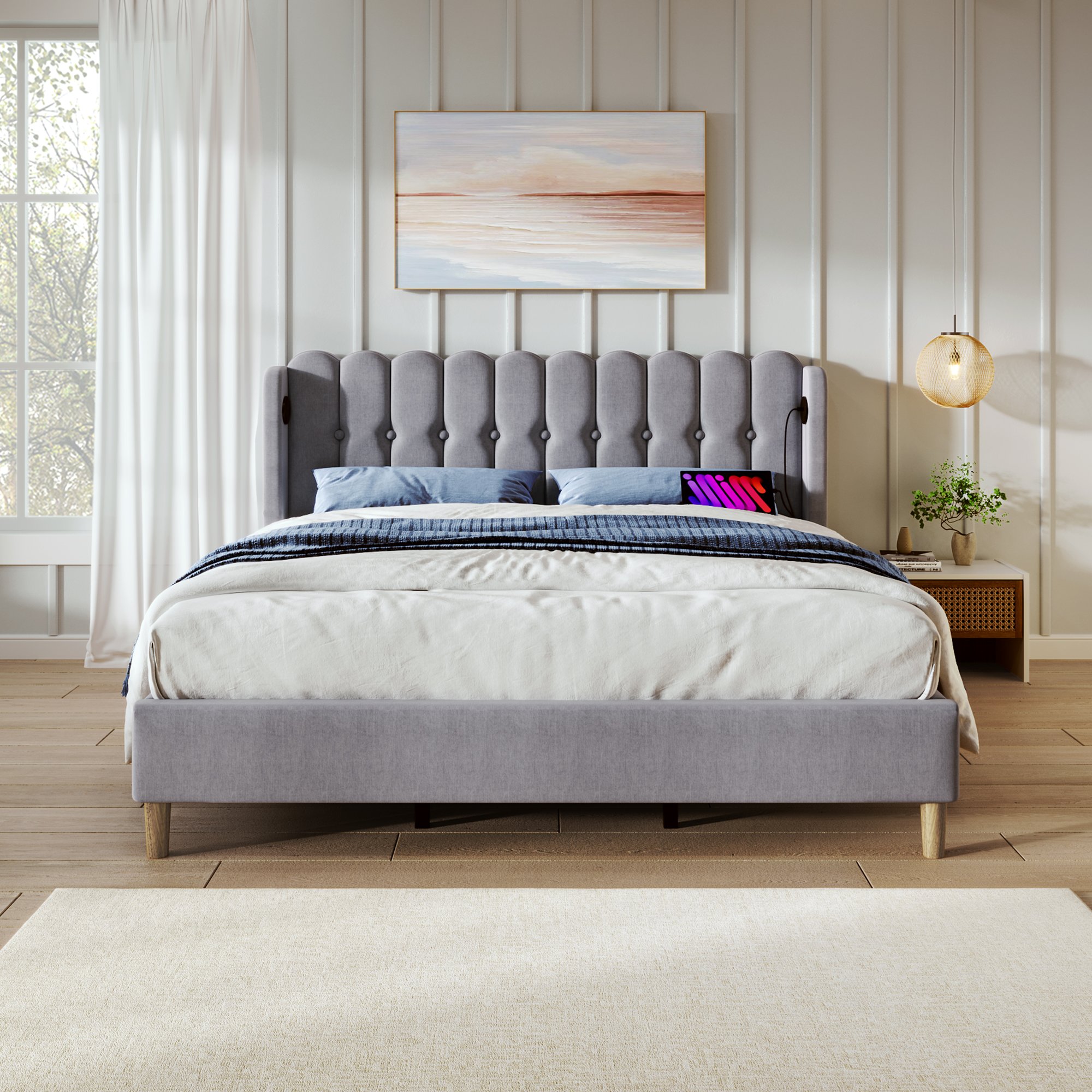 lit double rembourré 140x200 avec sommier à lattes et ports USB Type-C intégrés au dossier pour recharge facile