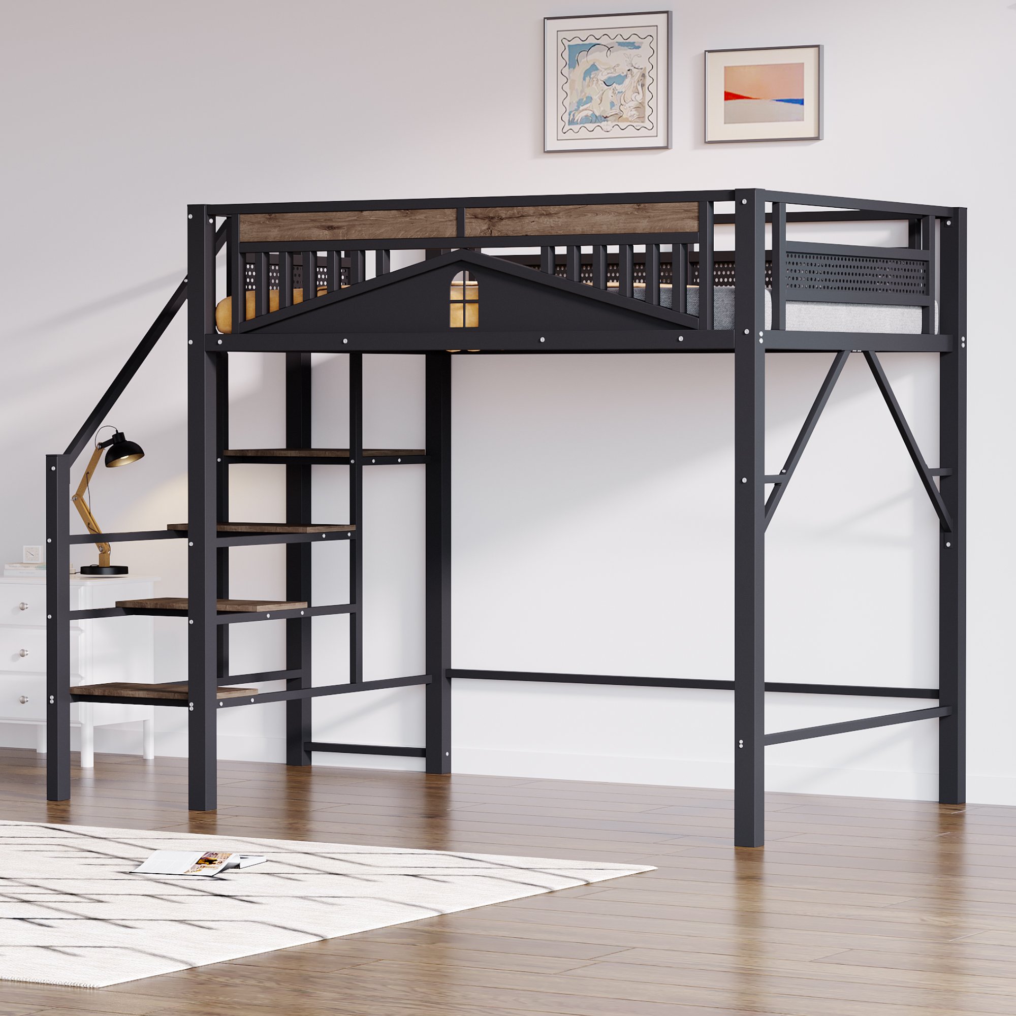 Lit mezzanine 140x200 avec échelle de sécurité et rangement intégré, espace sous le lit, noir