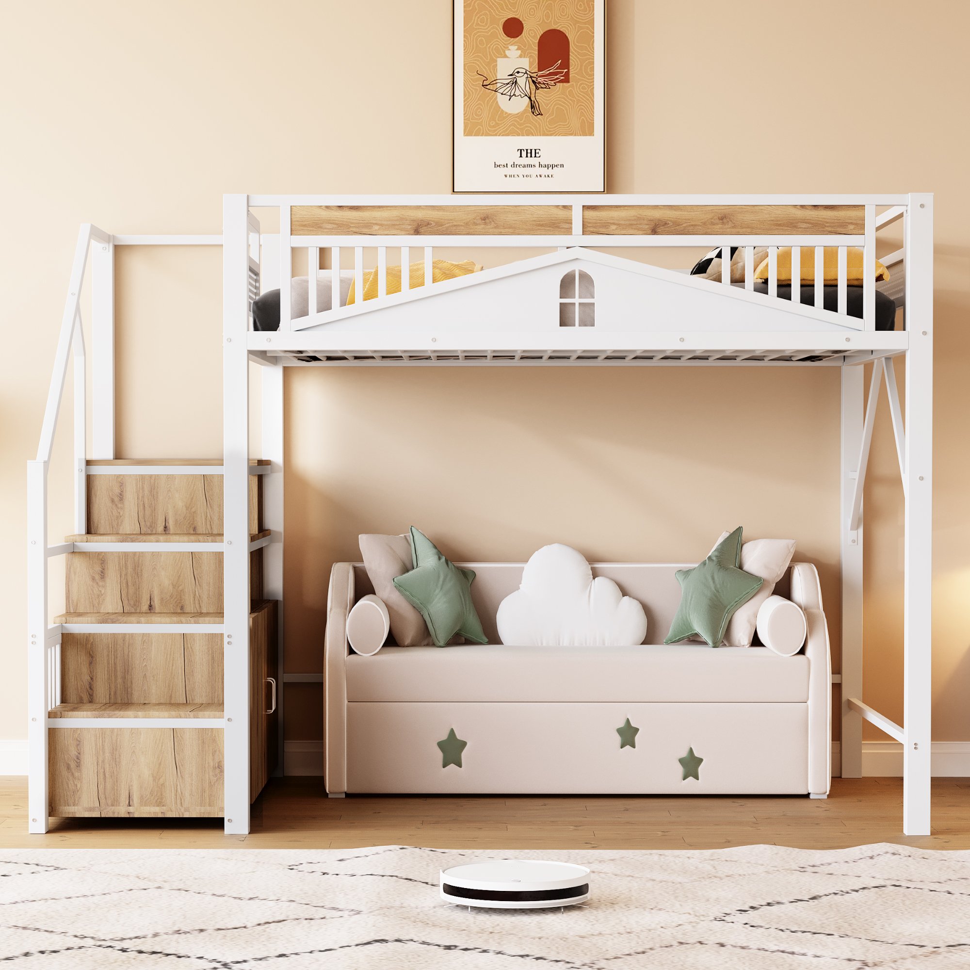 Lit mezzanine 140x200 blanc métal et bois avec échelle et rangements