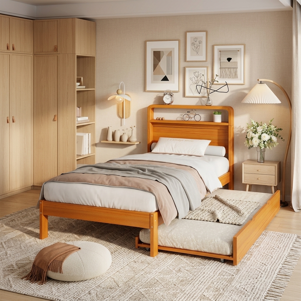 Lit gigogne 90x200 en bois avec tiroir 90x190, tête arrondie, montage flexible