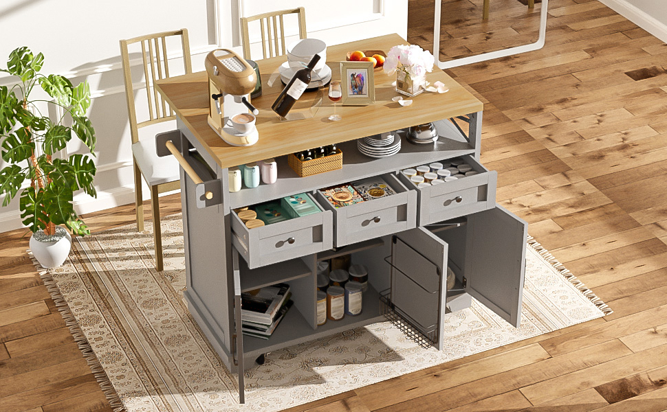 Petit îlot de cuisine avec rangement et roulettes, gris, plan de travail en bois, extensible 118x43-80x98 cm, Panneau composite de fibres de bois à densité et métal