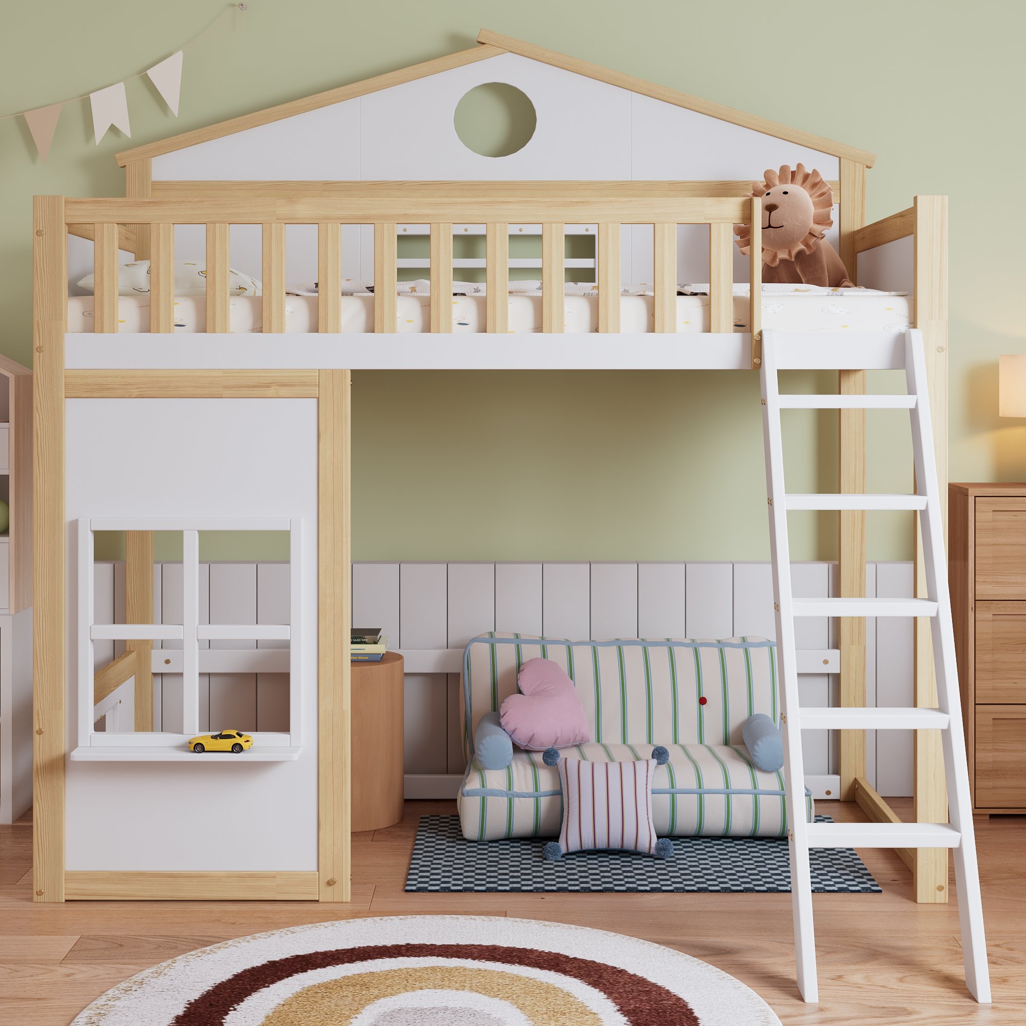 Lit superposé enfant 90x200 avec escalier, garde-corps et fenêtres, toit décoratif, pin et Panneau composite de fibres de bois à densité