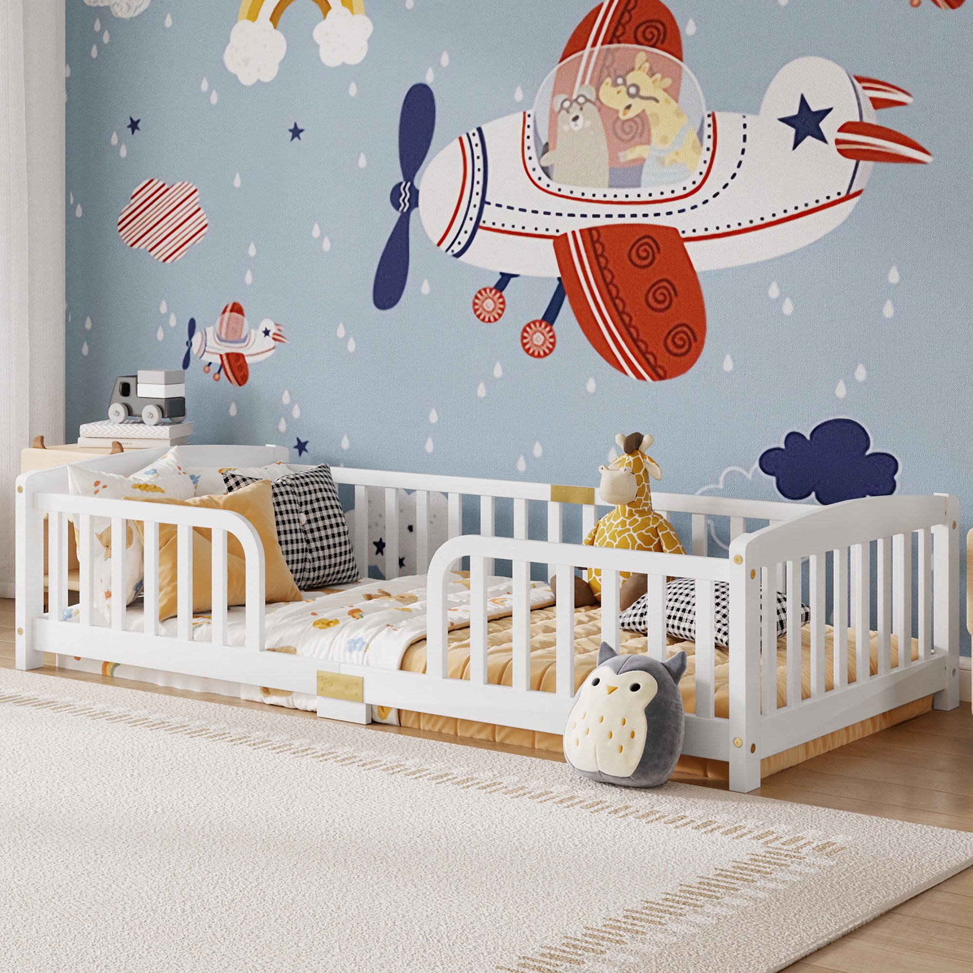 Lit enfant 90x200 avec barrières de sécurité, ouverture centrale et design au sol pour transition en douceur