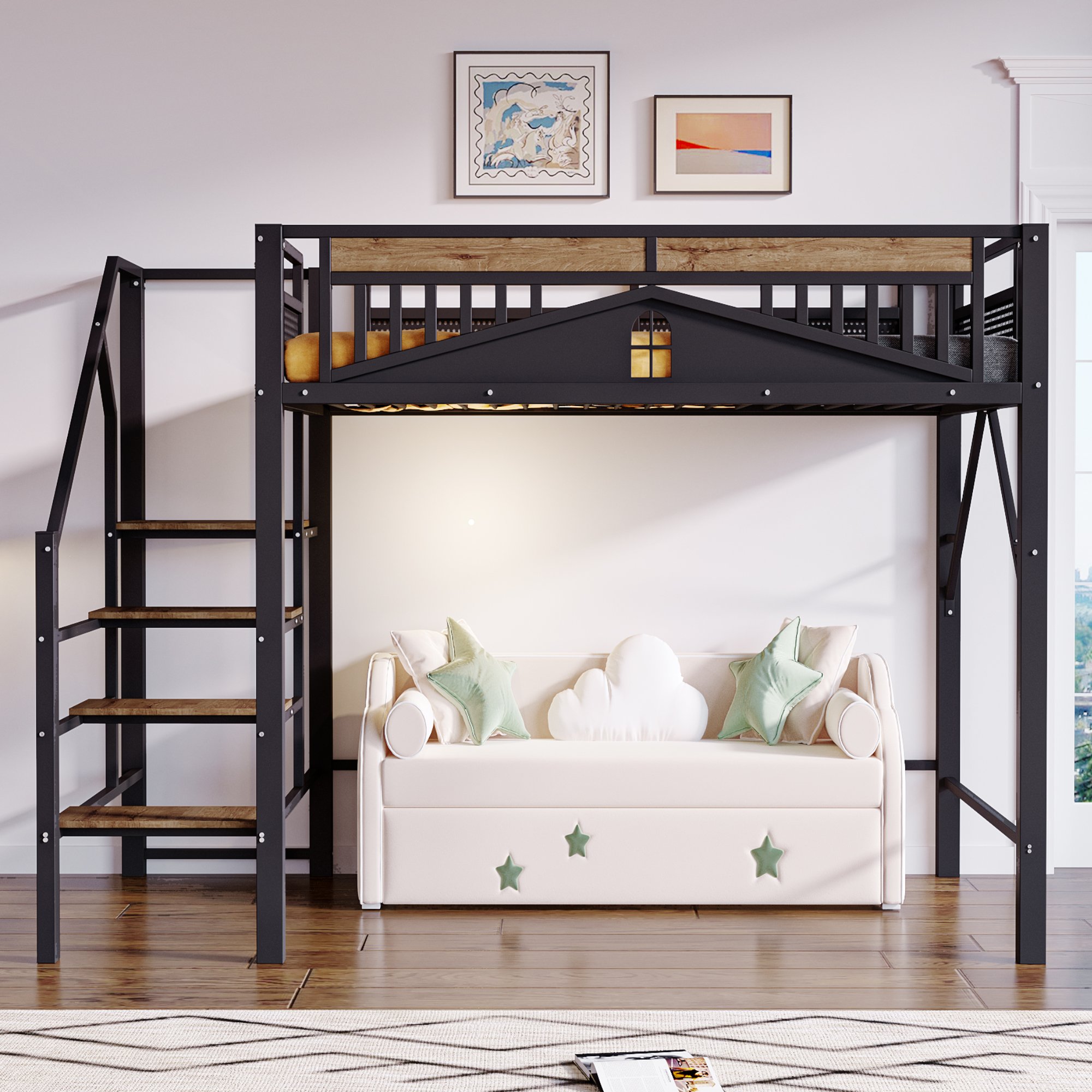 Lit mezzanine 140x200 avec échelle de sécurité et rangement intégré, espace sous le lit, noir