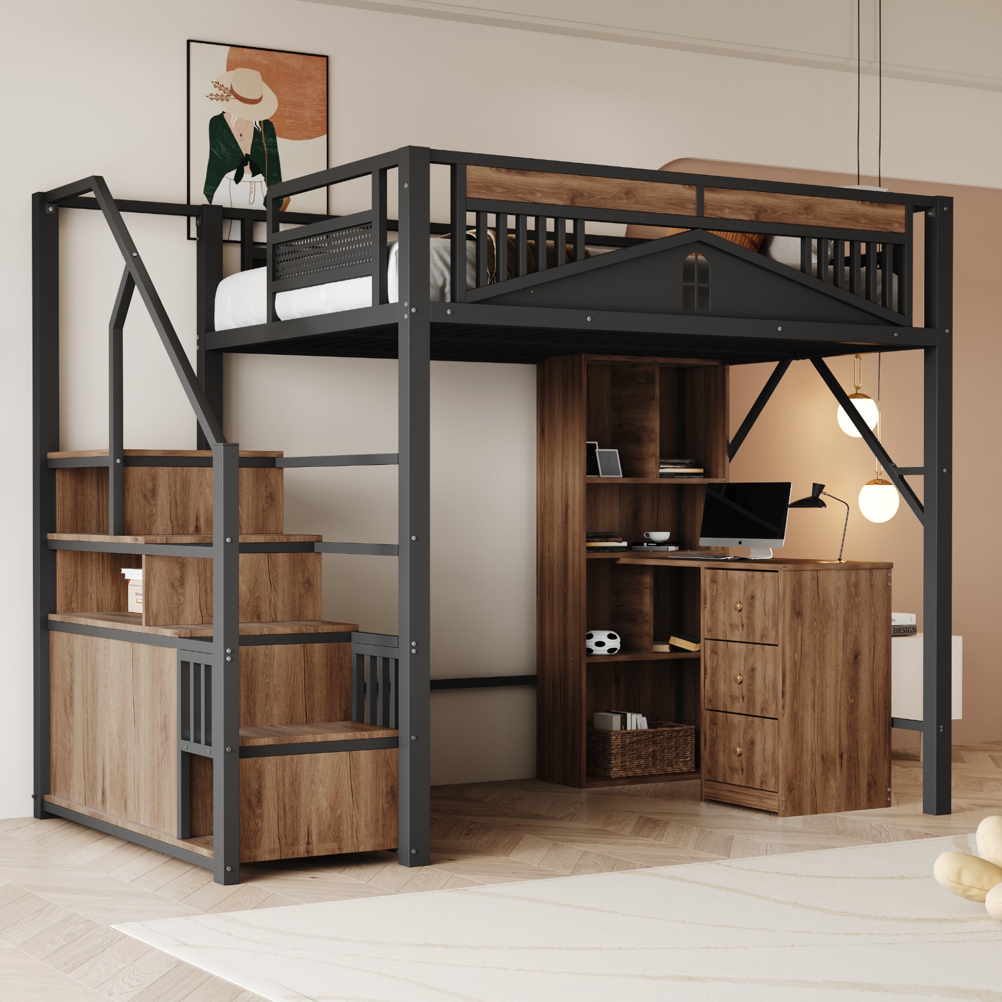 Lit mezzanine avec échelle et rangement intégré, 140x200, sécurité enfant, métal noir