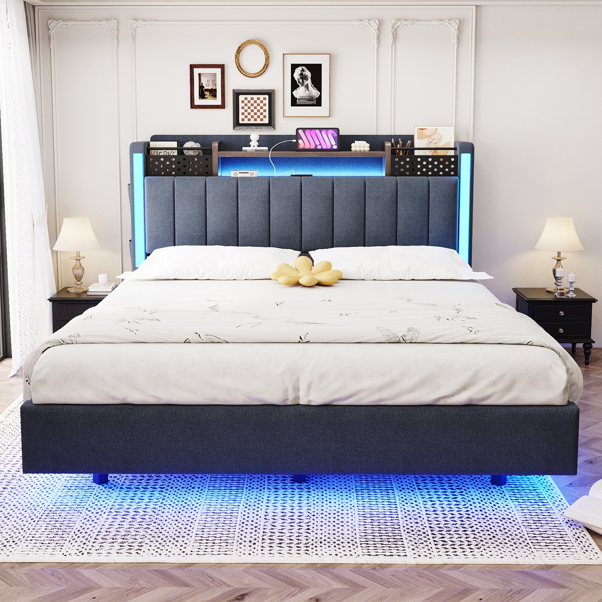 Lit coffre 140x200 avec tête de lit escamotable, rangement intégré, LED et port USB
