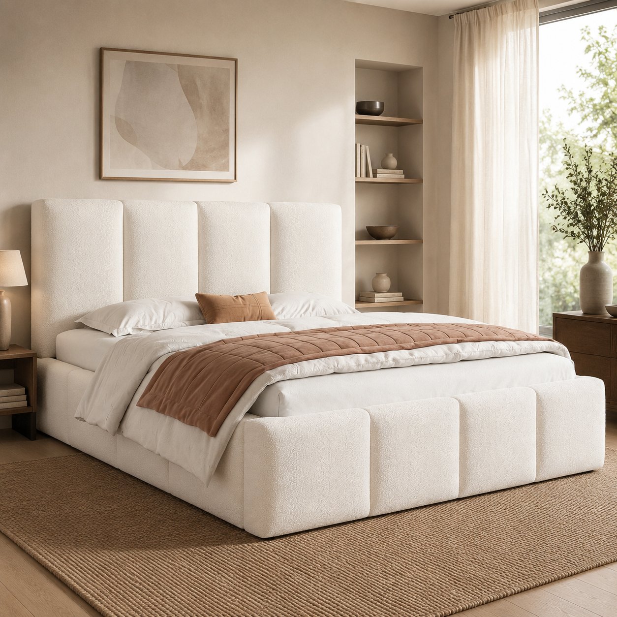 Lit double rembourré 180x200 beige tissu bouclé avec sommier à lattes et tête de lit capitonnée verticale
