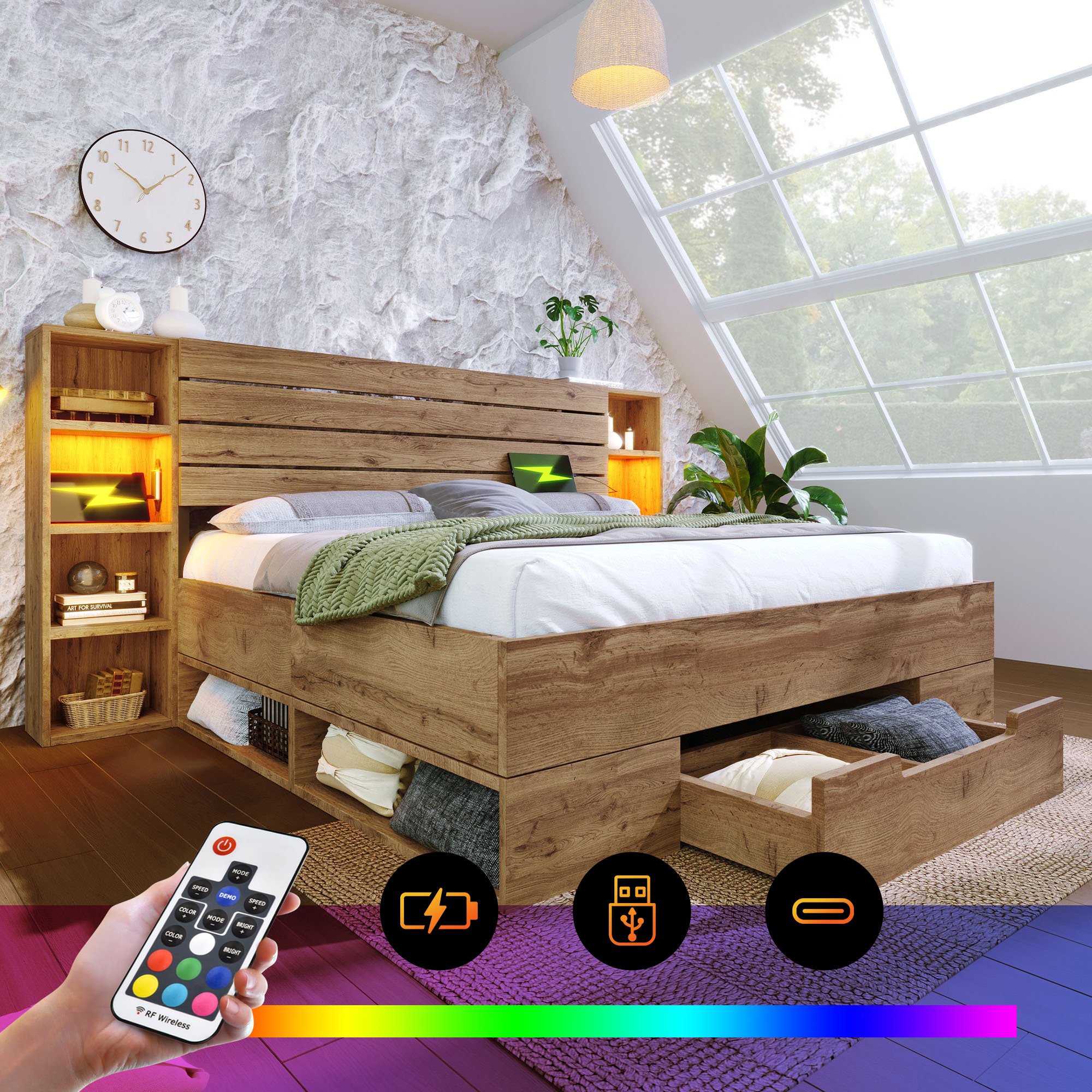 Lit coffre double 160x200 avec LED télécommande, USB Type-C, tiroirs rangement et sommier à lattes bois massif chêne