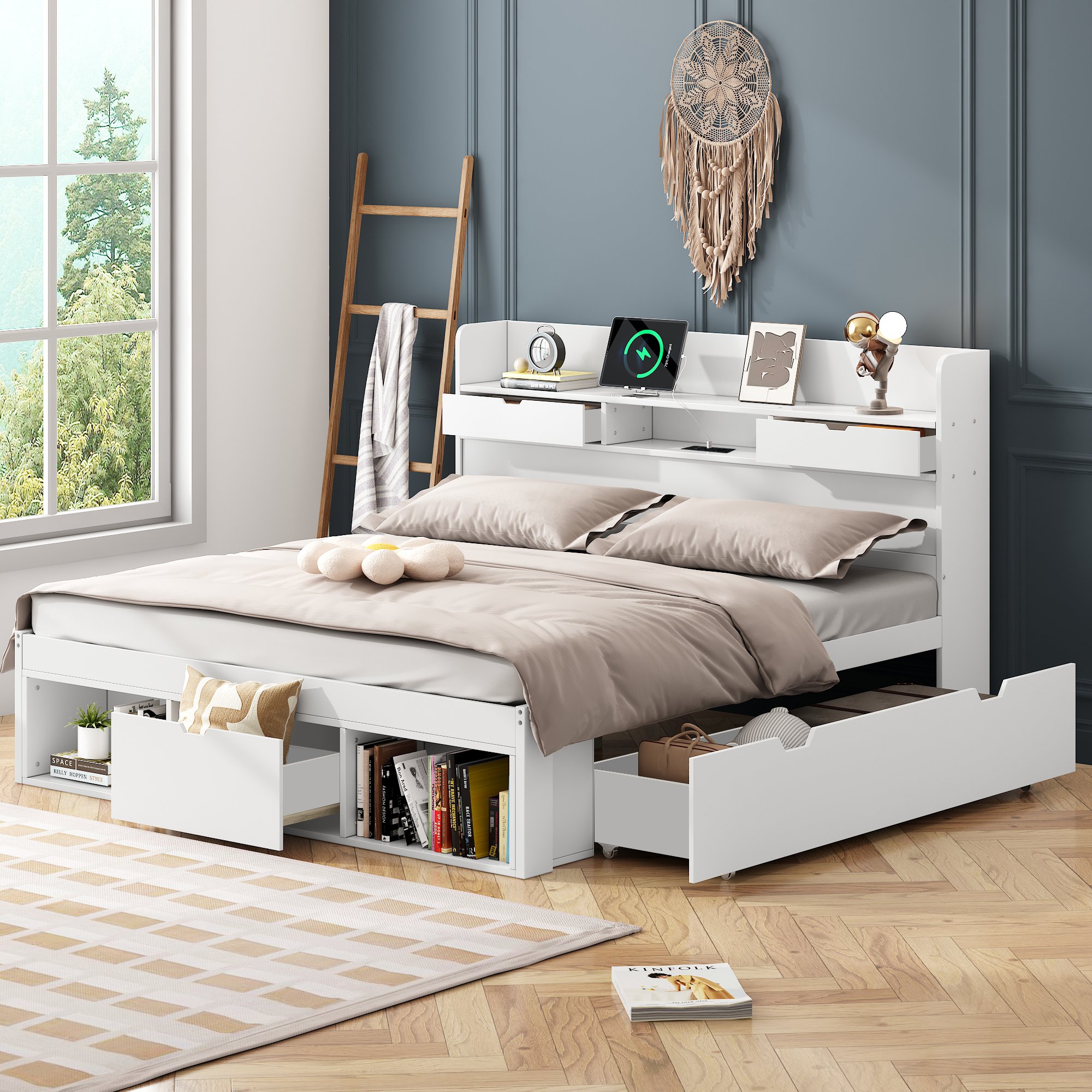 Lit coffre double 160x200 blanc avec tiroirs et port USB Type-C, grande capacité de rangement, montage facile, sans matelas