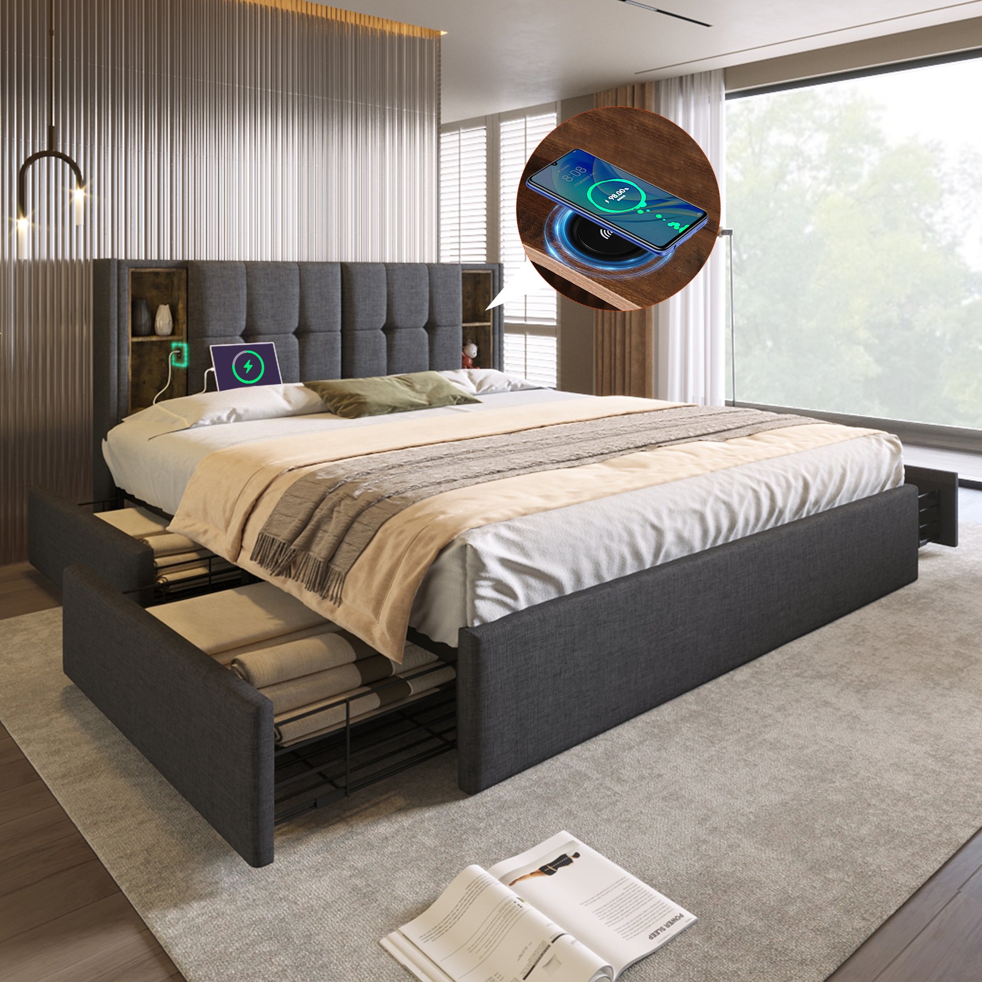 Lit coffre 160x200 avec sommier et matelas, gris, tissu lin, 4 tiroirs, chargeur sans fil USB