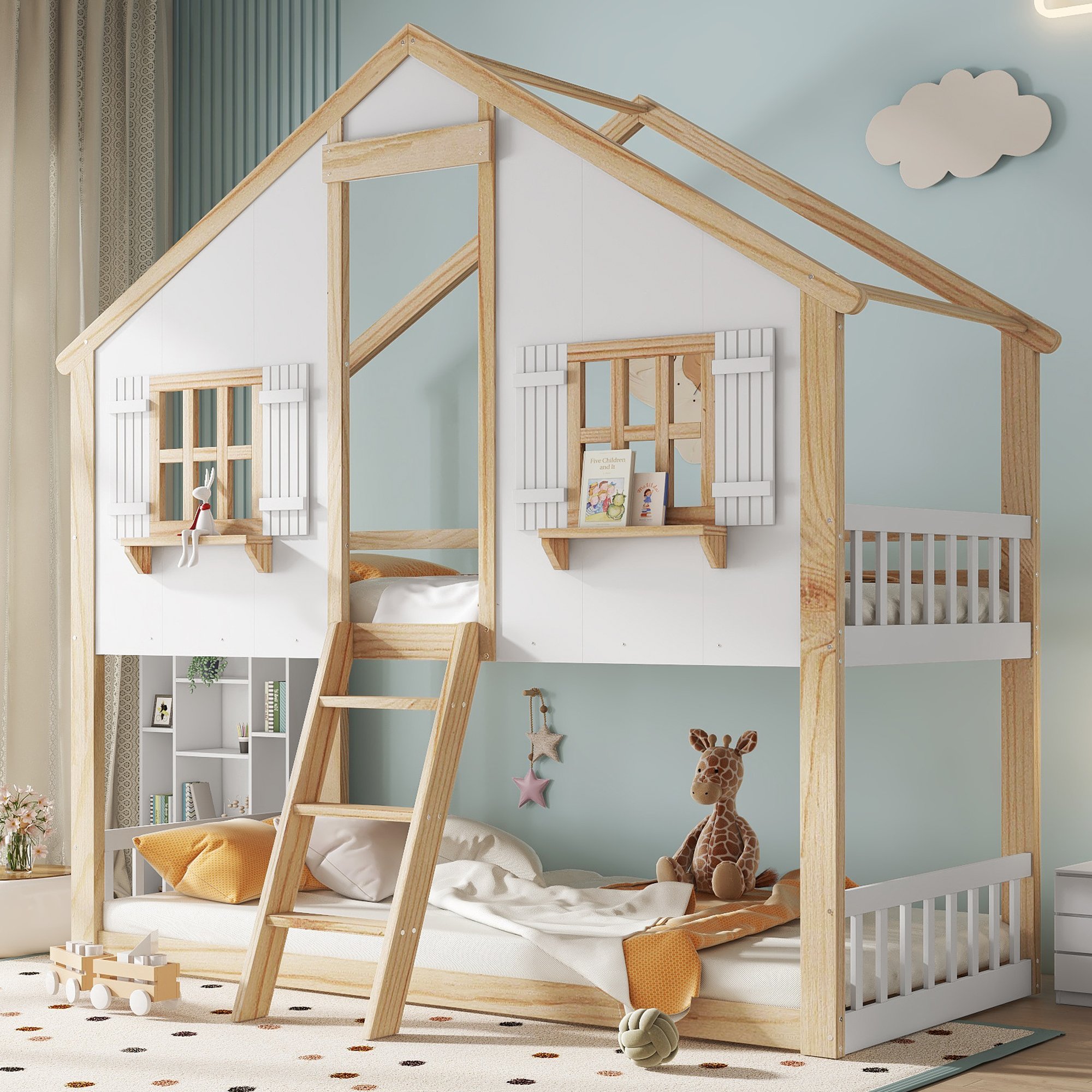 Lit superposé enfant 90x200 avec échelle inclinée, fenêtres et toit, en pin et Panneau composite de fibres de bois à densité blanc naturel