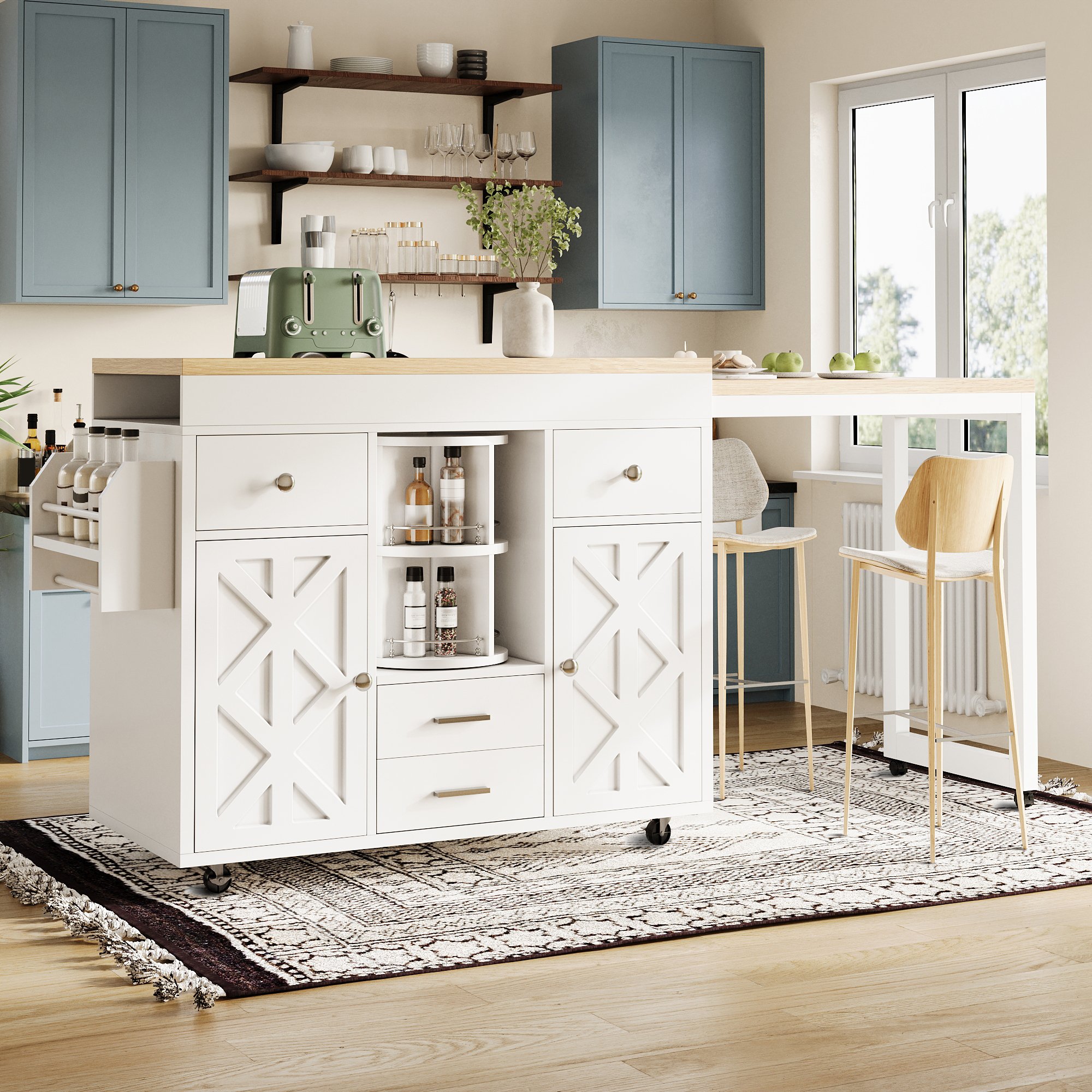 Îlot de cuisine extensible blanc avec rangement, table coulissante 110-180 cm, sur roulettes avec freins, 4 tiroirs, étagères réglables, pour petites cuisines