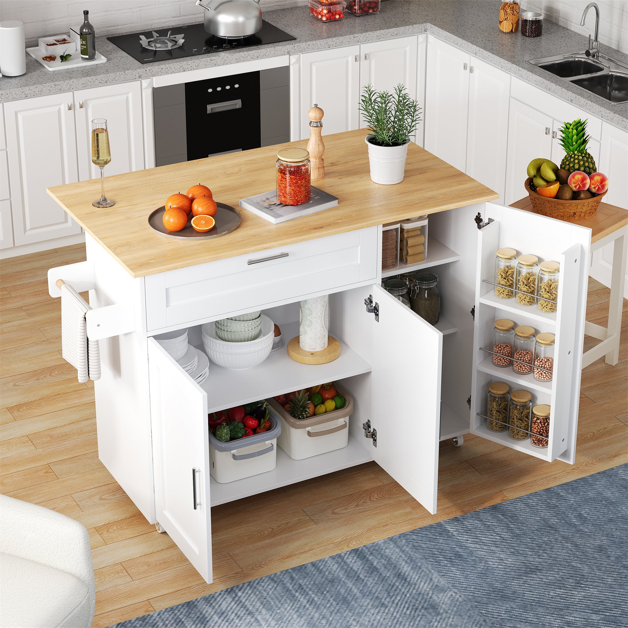 Îlot de cuisine mobile 132x44(70)x90 cm blanc et bois, plan rabattable, rangement, étagère à épices, porte-serviettes, 5 roues