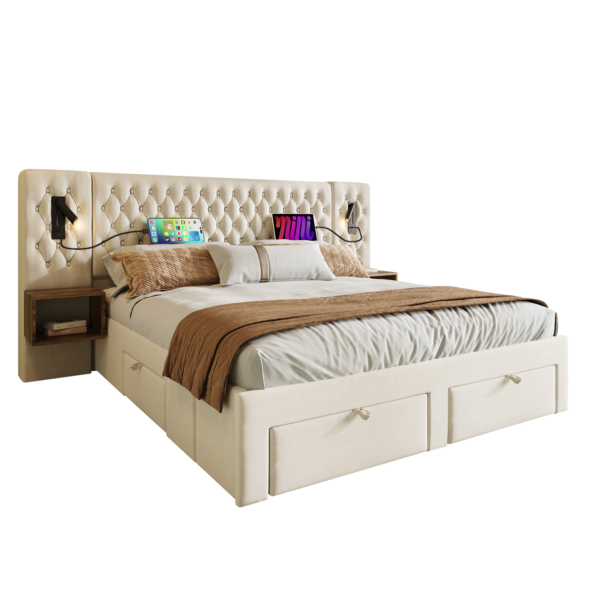 Lit coffre 160x200 avec matelas et sommier, LED lecture, charge USB Type-C, 4 tiroirs, tables de chevet