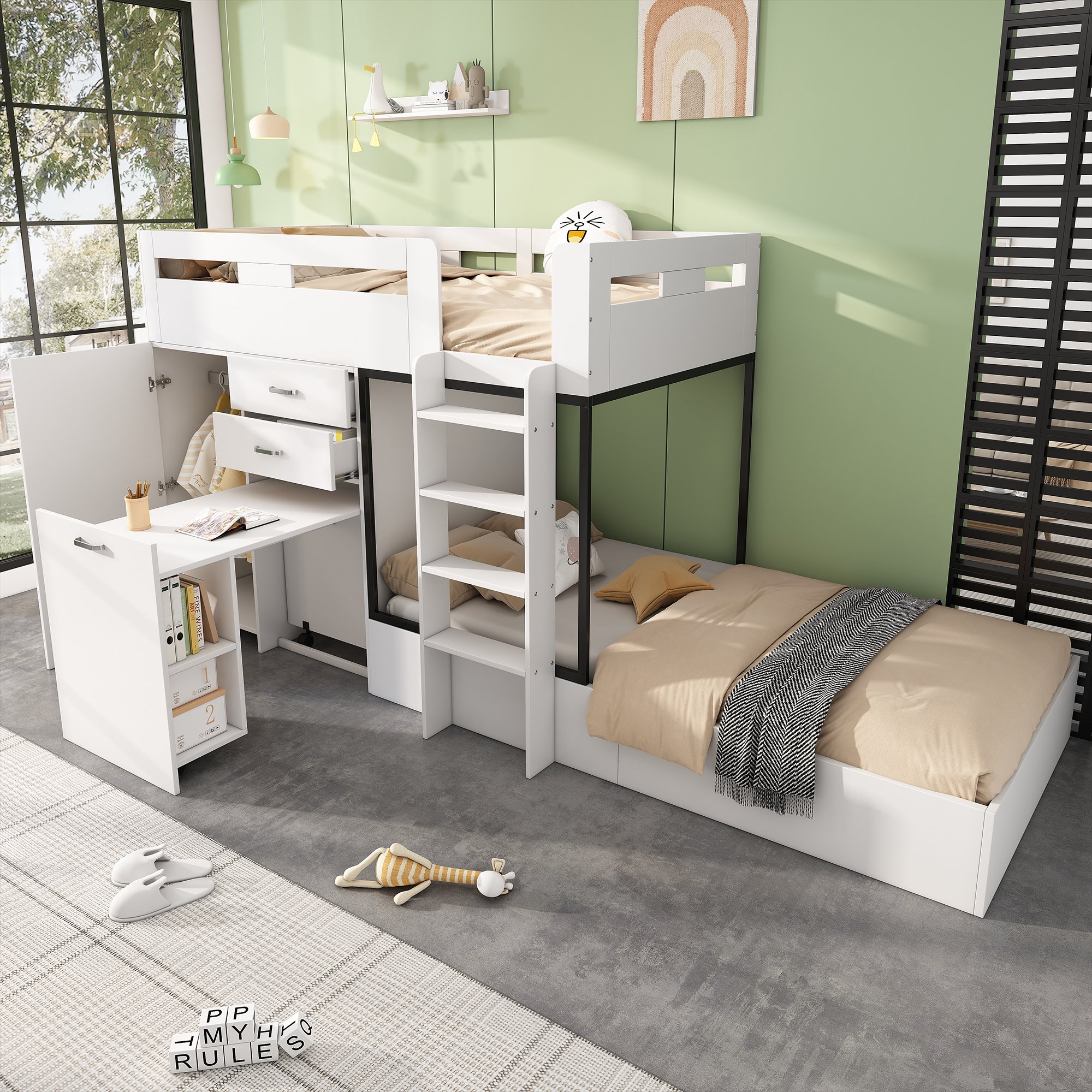 Lit superposé enfant 90x200 avec bureau escamotable, armoire et tiroirs, lit multifonction blanc noir pour gain de place