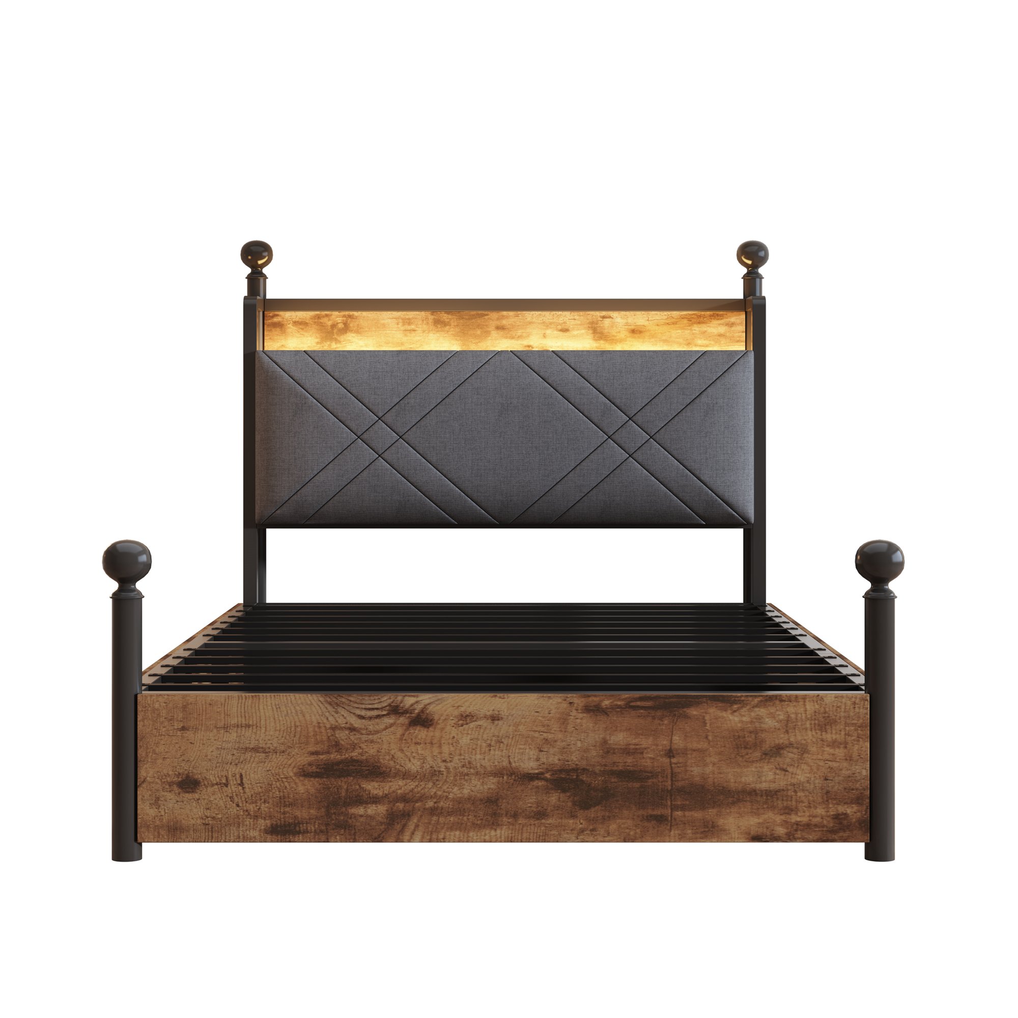 Lit coffre 90x190 en métal et bois avec tête de lit rembourrée et rangement