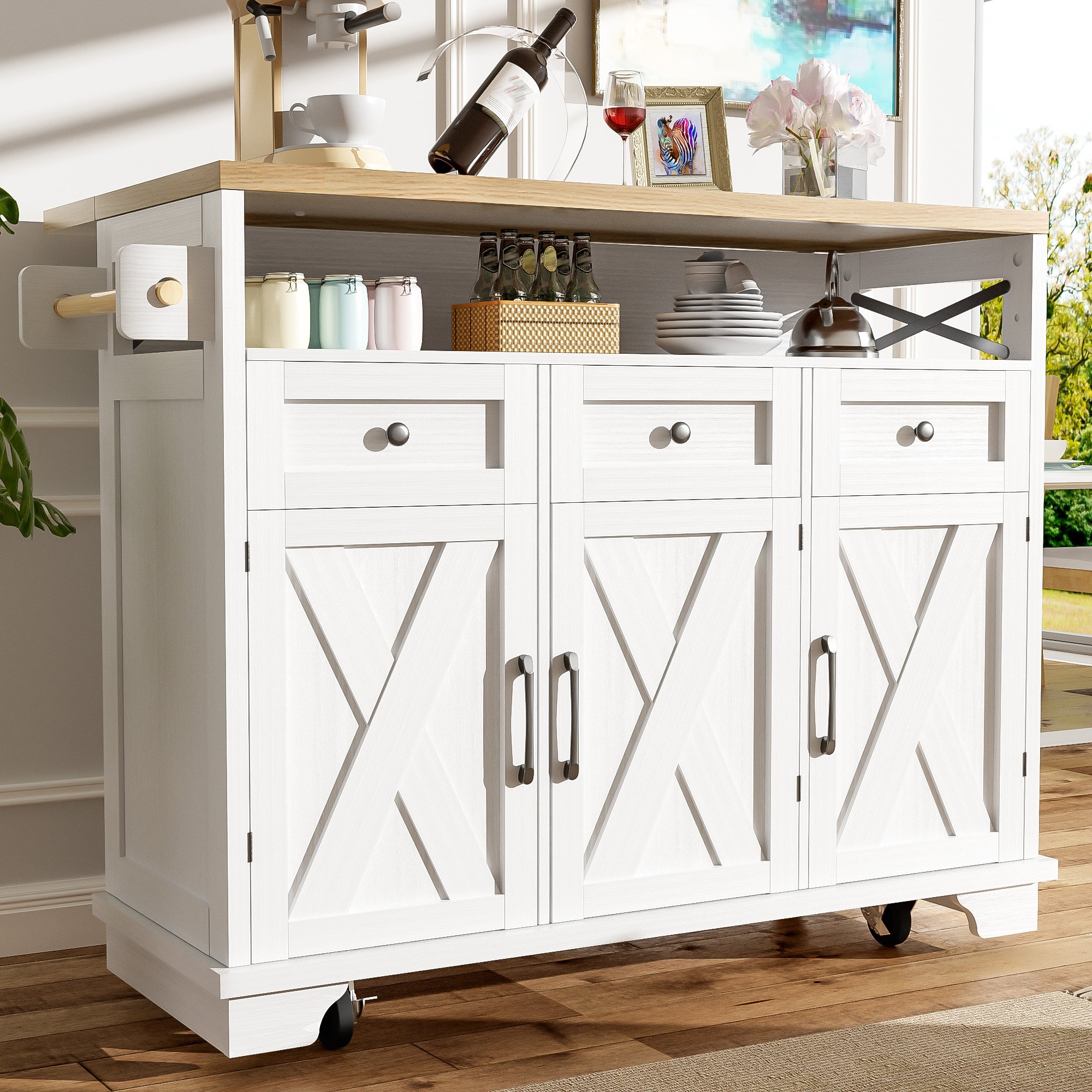 Îlot de cuisine blanc 118x43x98 cm avec rangement, table extensible, roulettes et porte-serviettes