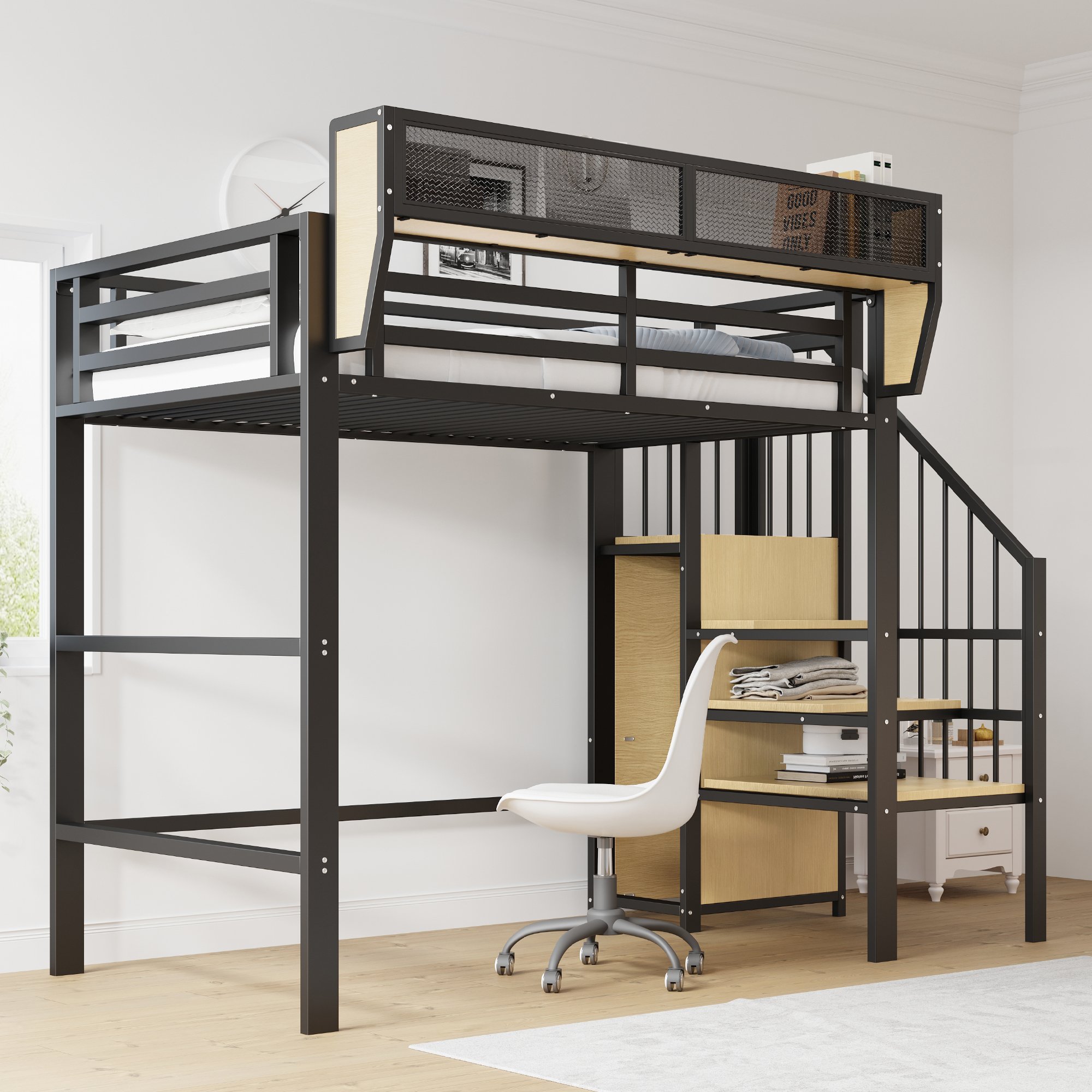 Lit mezzanine avec échelle de sécurité et rangement flexible, couchage 90x200