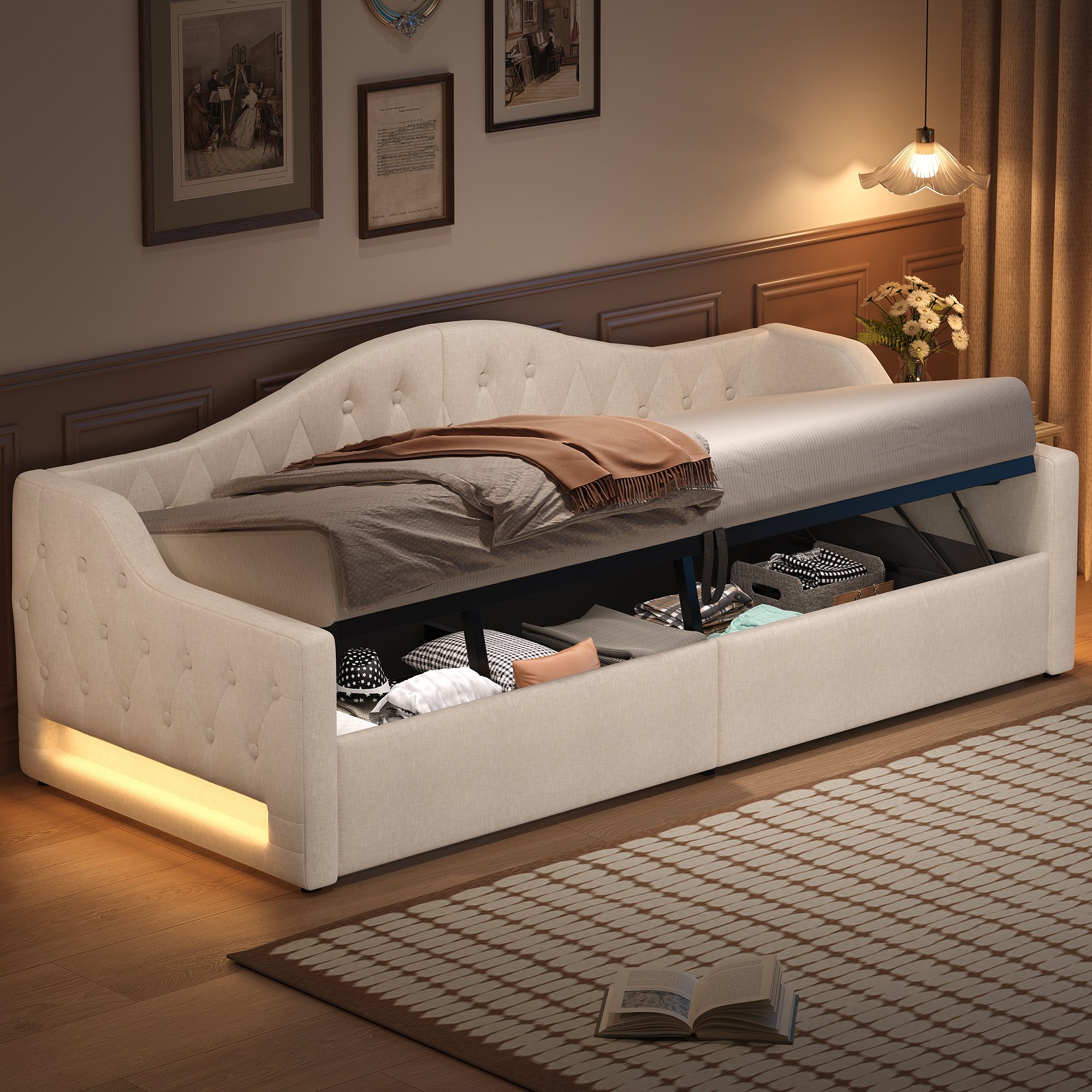 Lit coffre 90x200 beige avec rangement, LED et tête de lit rembourrée