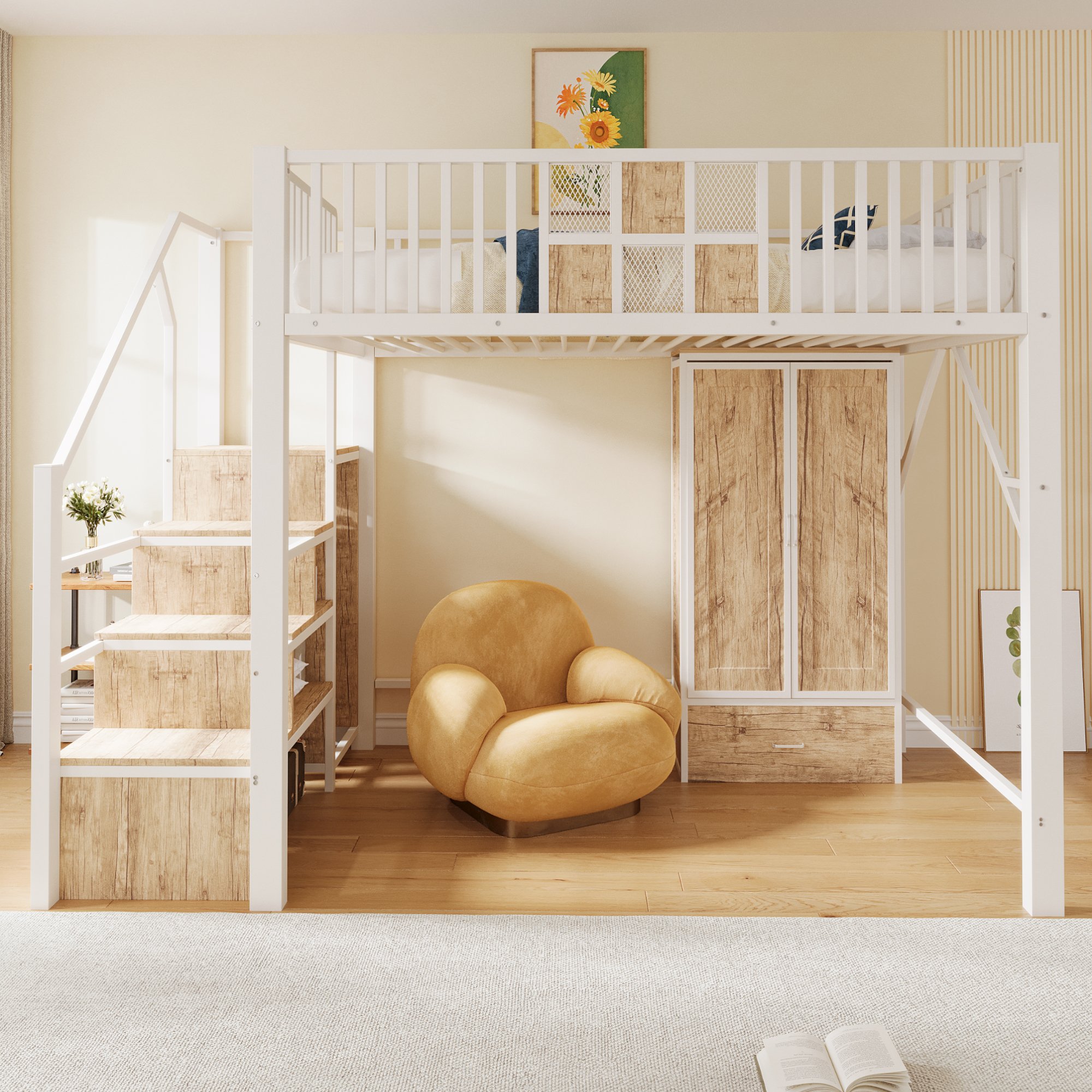 Lit mezzanine 140x200 avec échelle de rangement et placard intégré, blanc, métal et bois