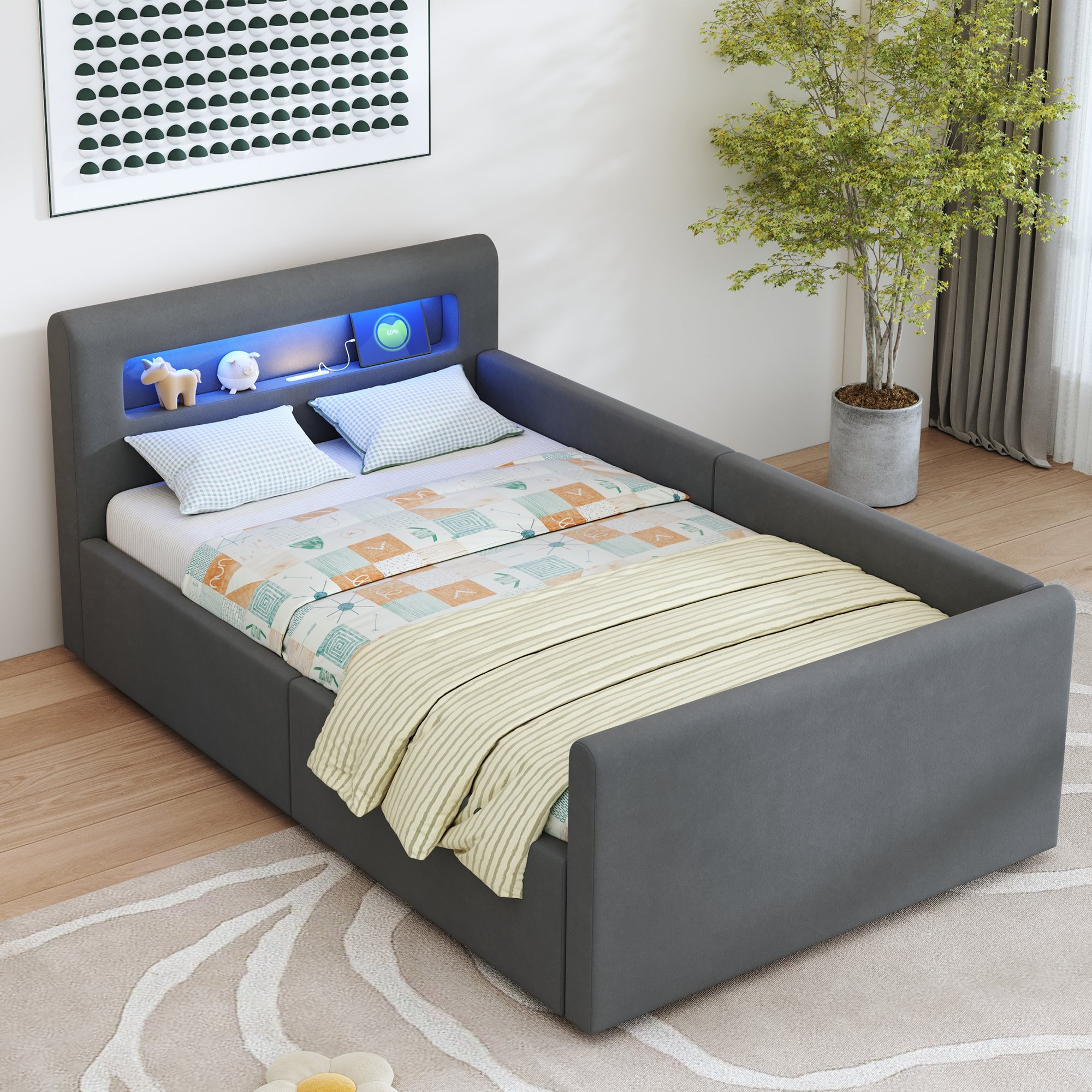 Lit coffre 90x200 cm en velours gris foncé avec rangement hydraulique, LED et USB
