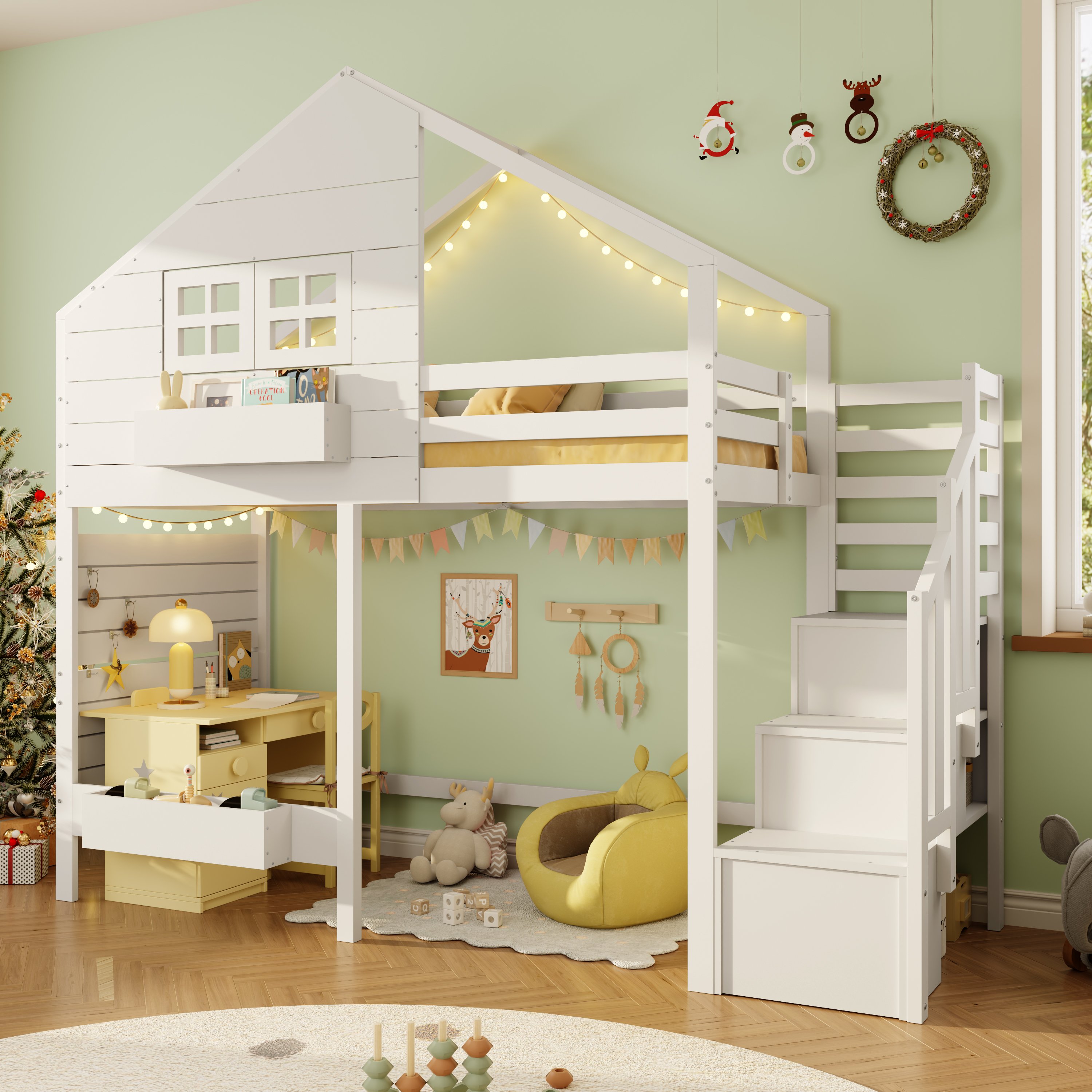 Lit superposé 90x200 cm dimensions totales 252,5 x 107 x 221,4 cm, charge max 120 kg, idéal pour petits espaces avec rangements