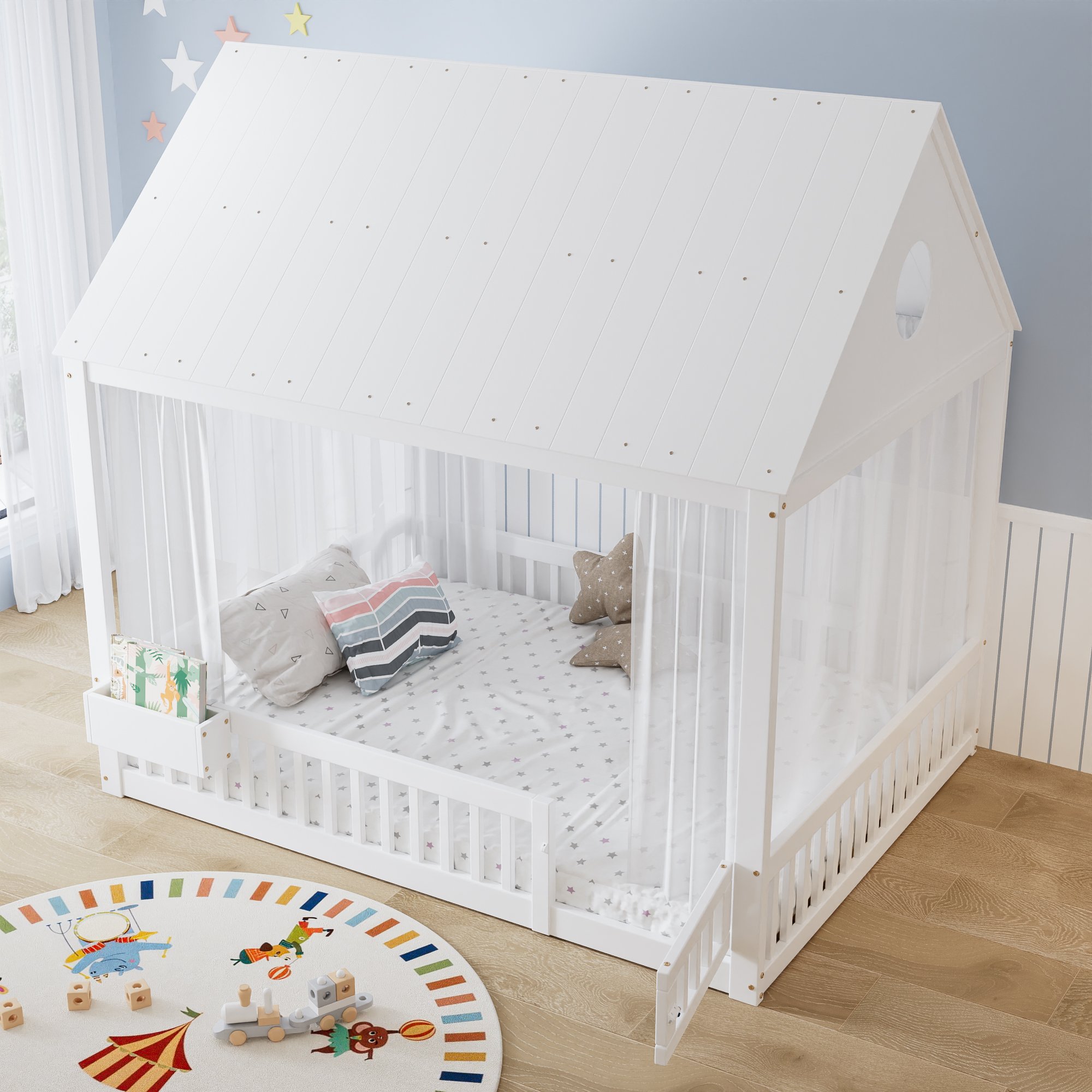 Lit enfant avec rangement intégré, rideaux décoratifs et sommier à lattes, 140x200 cm