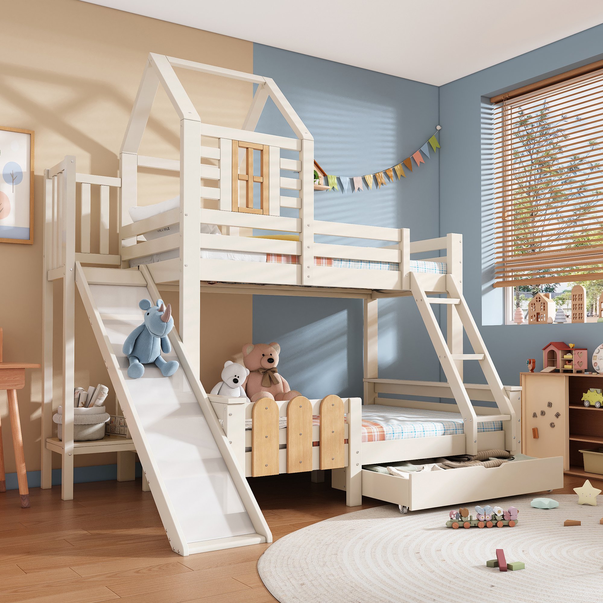 Lit Superposé 90x200 cm et 140x200, lit superpose avec toboggan et échelle, lit enfant cabane avec tiroir blanc bois Panneau composite de fibres de bois à densité
