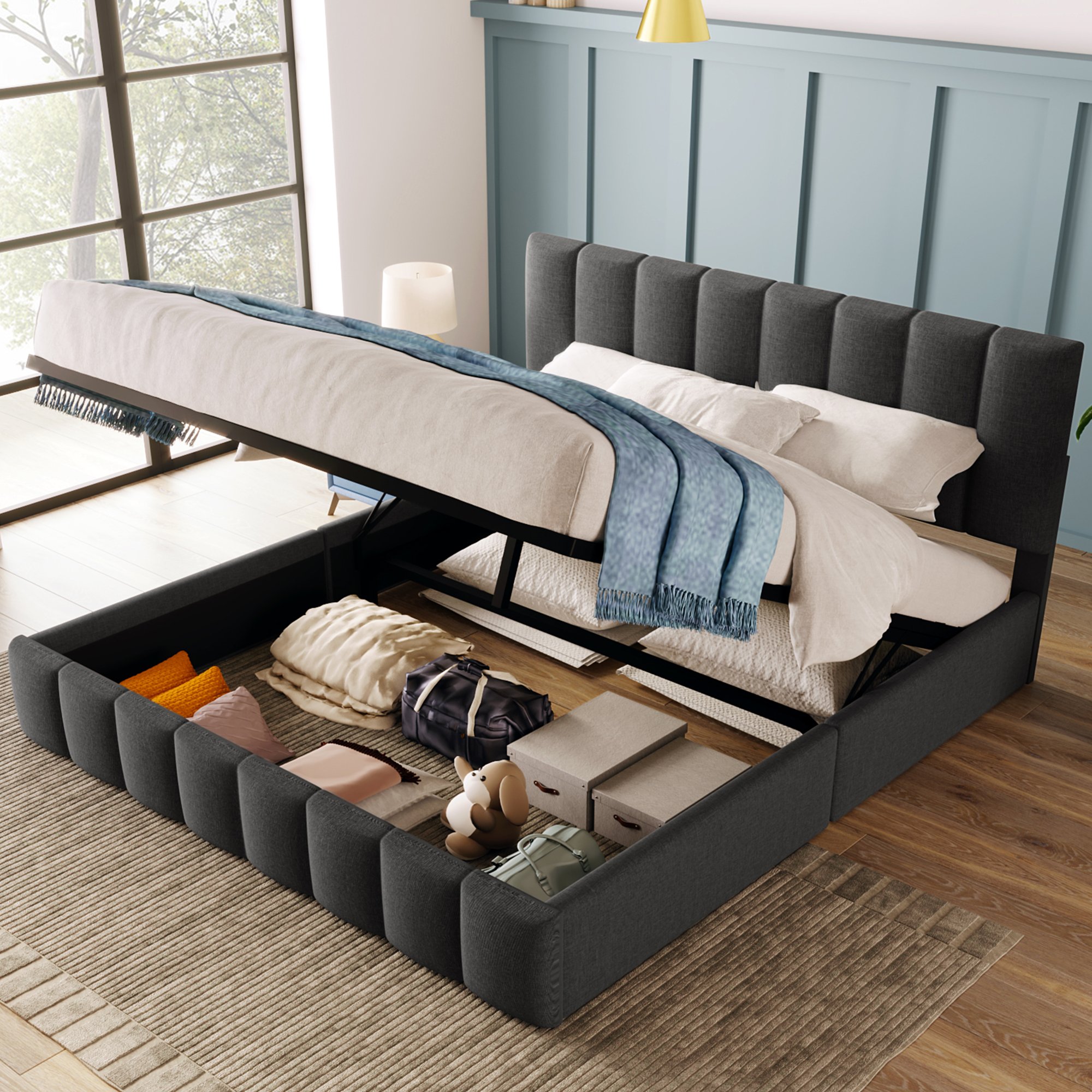 Lit double rembourré 140x200 gris avec tête réglable, rangement sous le couchage par hydraulique et matelas