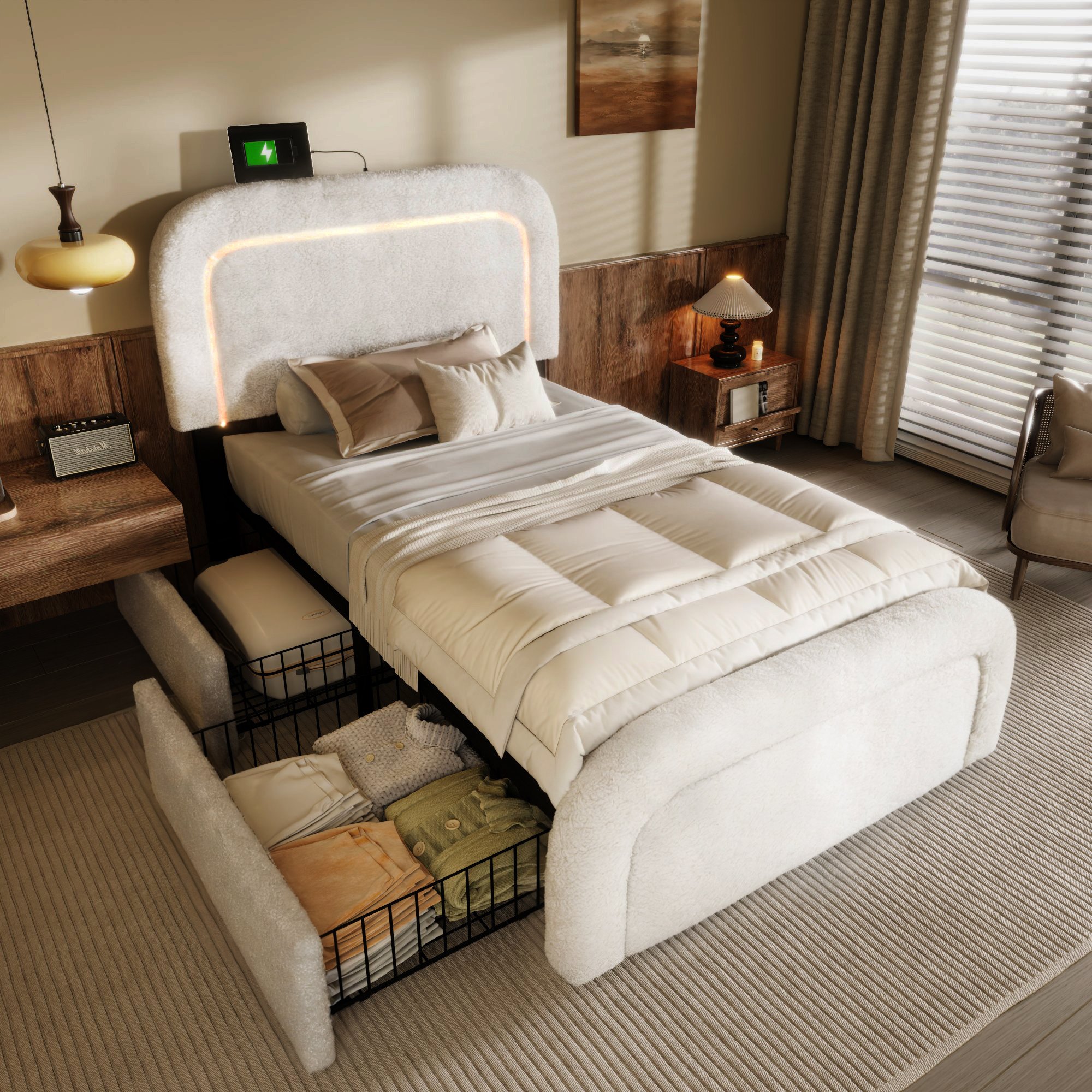Lit LED 90x200 avec sommier à lattes, tête de lit rembourrée sherpa blanc, USB Type-C et 2 tiroirs de rangement
