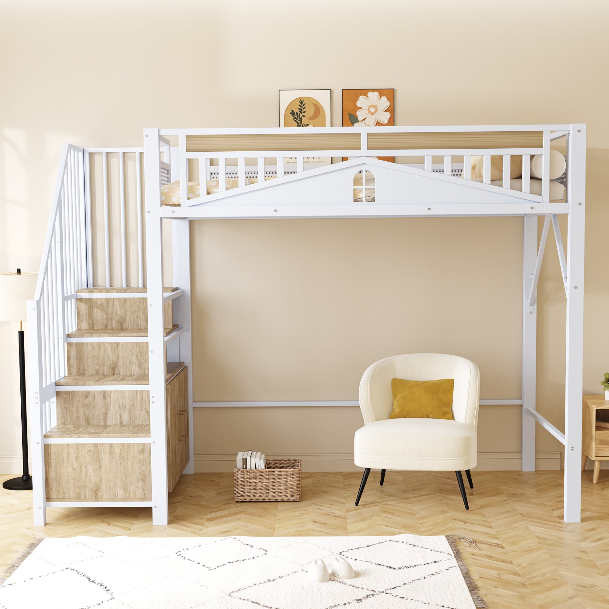 Lit mezzanine 90x200 cm en métal blanc avec échelle sécurisée et rangement intégré
