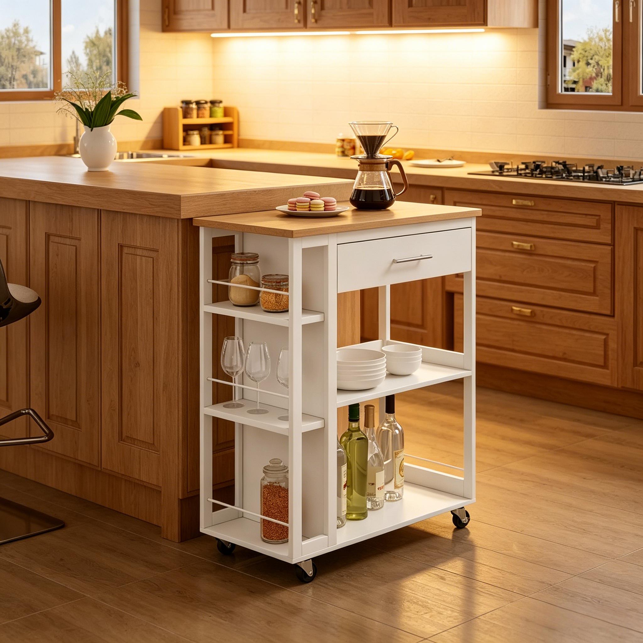 Îlot de cuisine sur roulettes blanc bois Panneau composite de fibres de bois à densité avec tiroir, étagères et plan de travail 73x38 cm, rangement pour cuisine ou salon