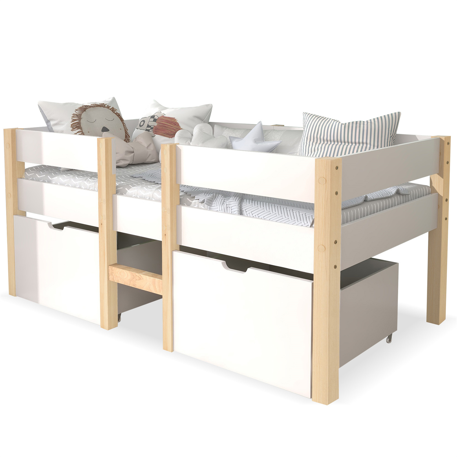 Lit mezzanine enfant en pin massif blanc, structure robuste avec sommier à lattes, deux tiroirs et garde-corps