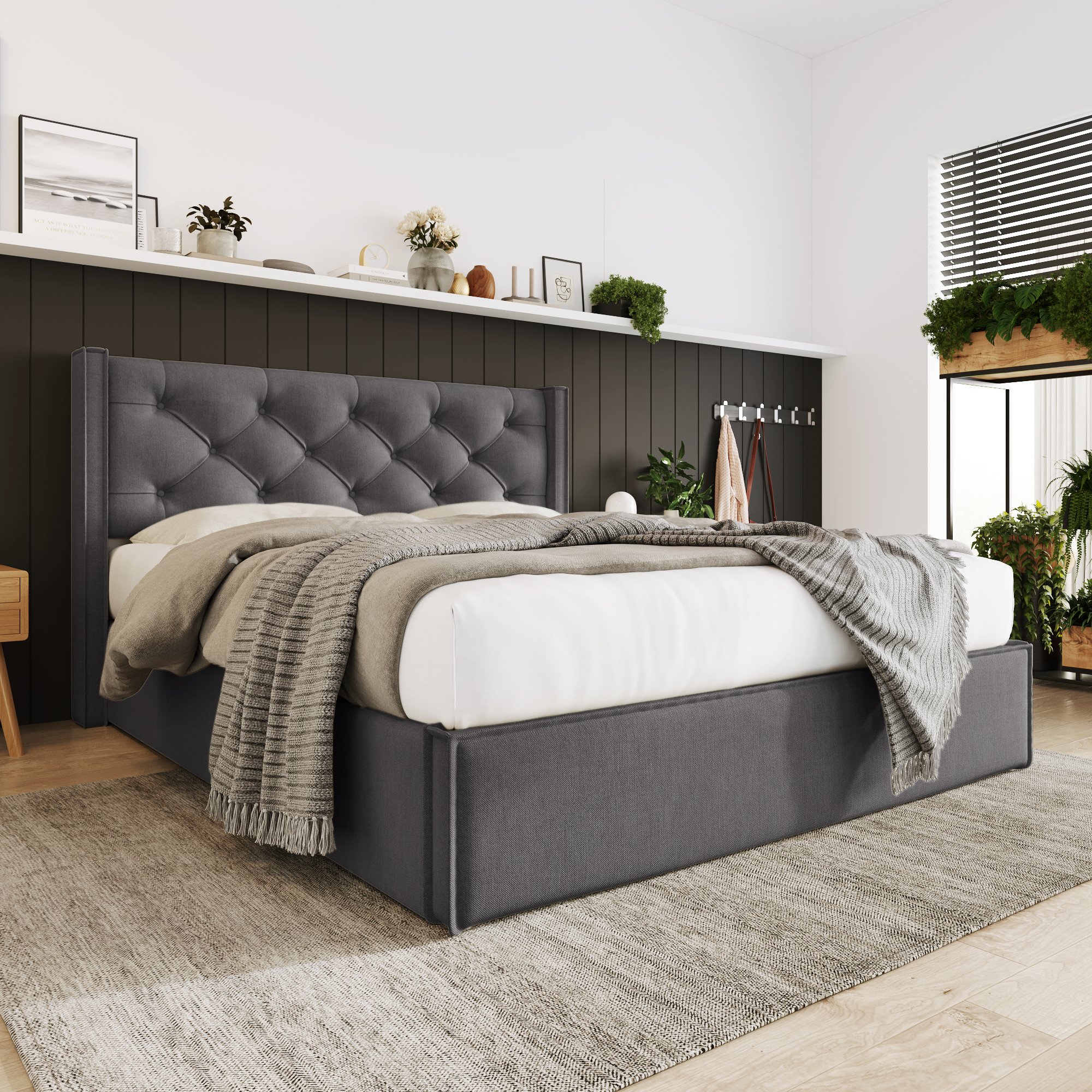 Lit coffre 140x200 avec grand espace de rangement sous le couchage, ouverture hydraulique facile et protection Oxford
