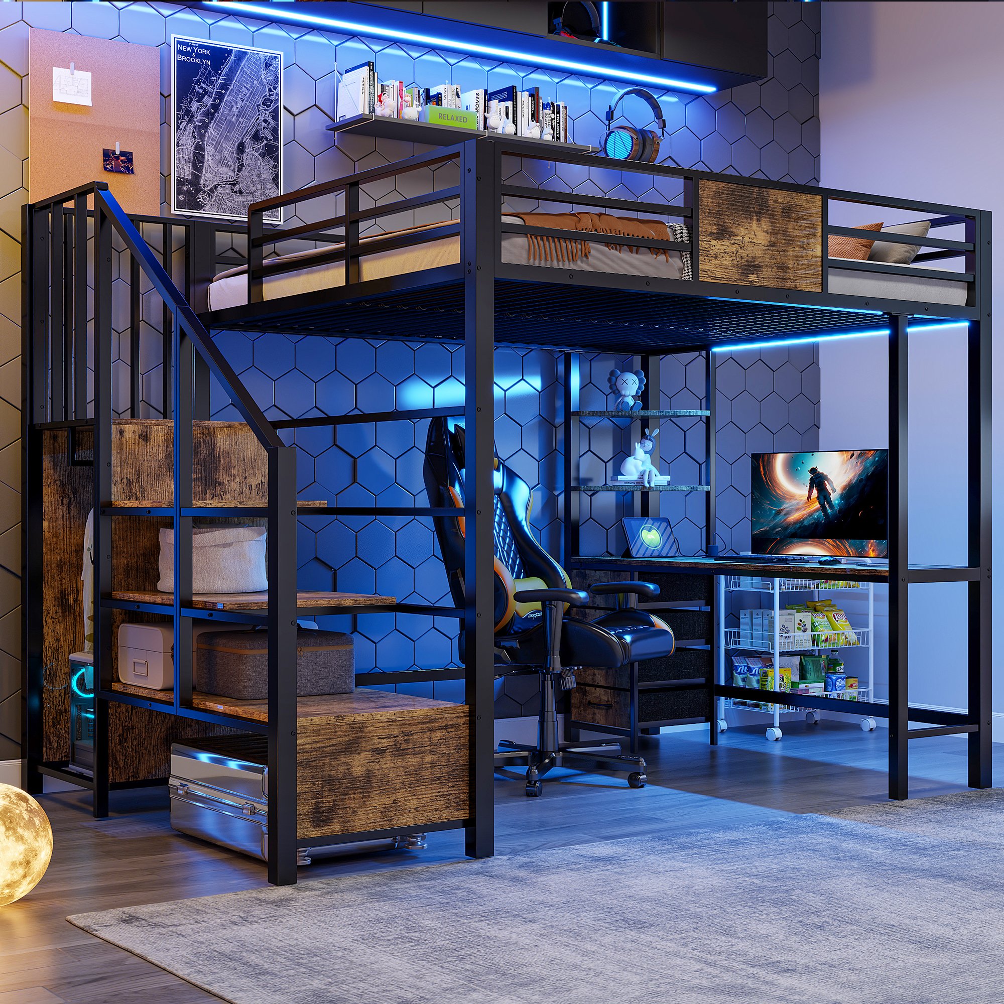 Lit superposé 140x200 avec bureau et rangements, métal noir, LED et prise, pour petit espace