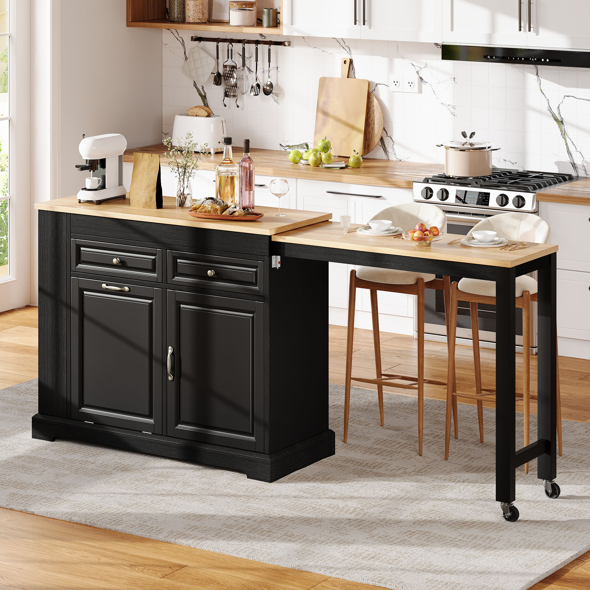 Îlot de cuisine sur roulettes noir et bois naturel, extensible avec rangement, tiroirs et porte-poubelle, 112-180 cm