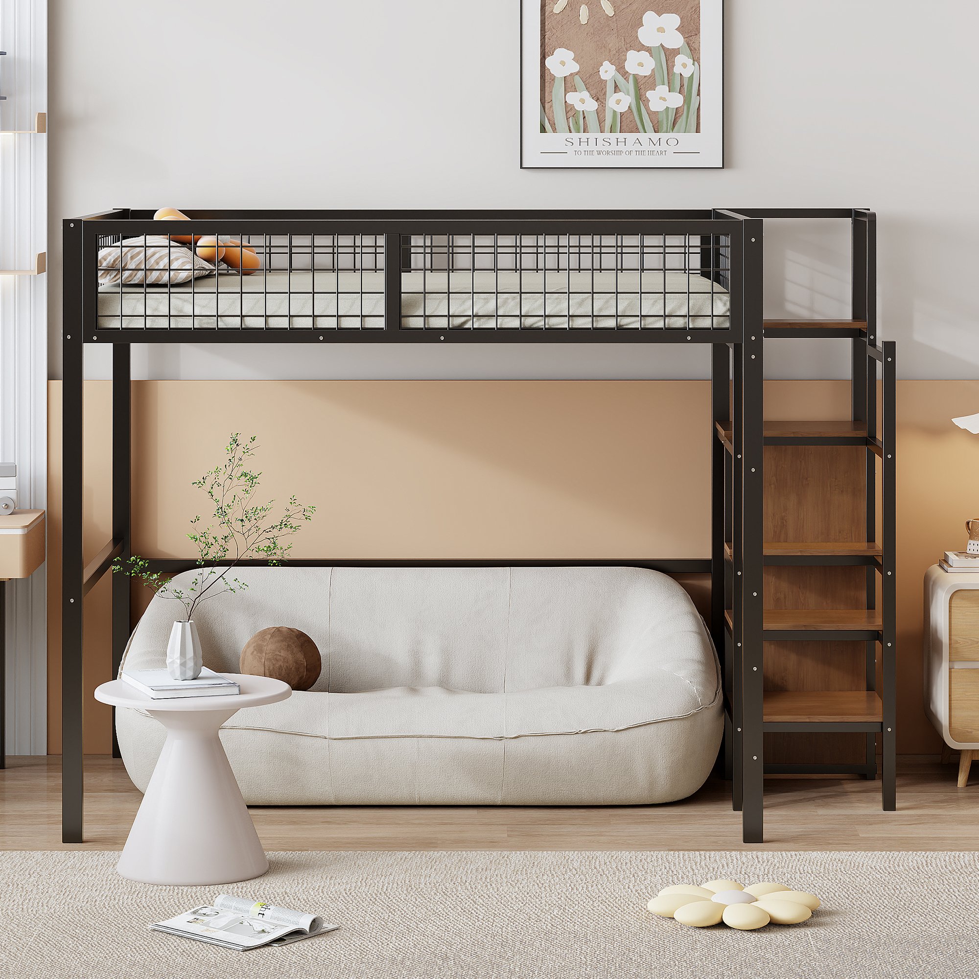 Lit mezzanine 140x200 avec rangement et échelle de sécurité, pour enfant, en métal