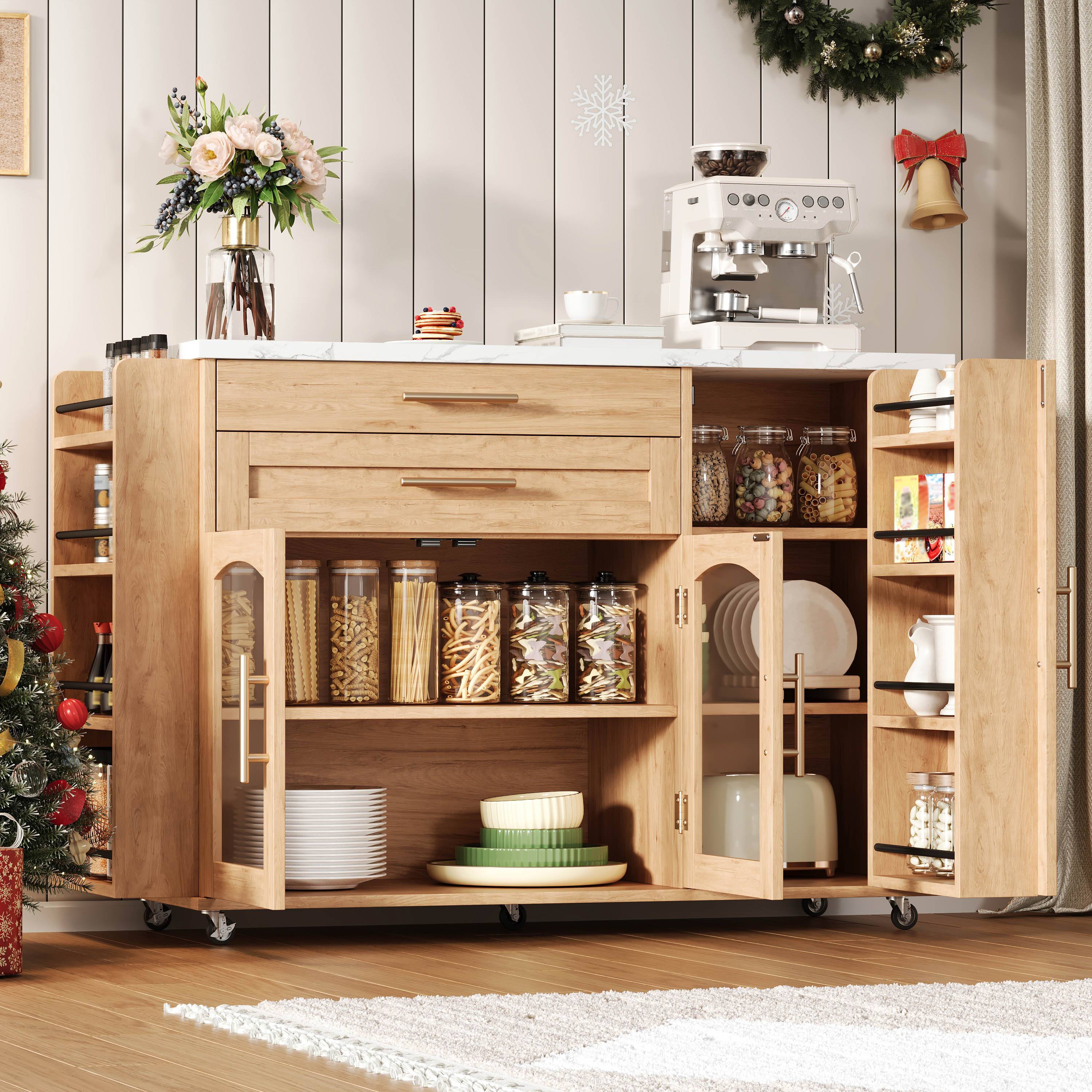 Îlot de cuisine avec plan de travail rabattable, rangements multiples, 5 roulettes, Panneau composite de fibres de bois à densité naturel, 120x45(70)x90 cm