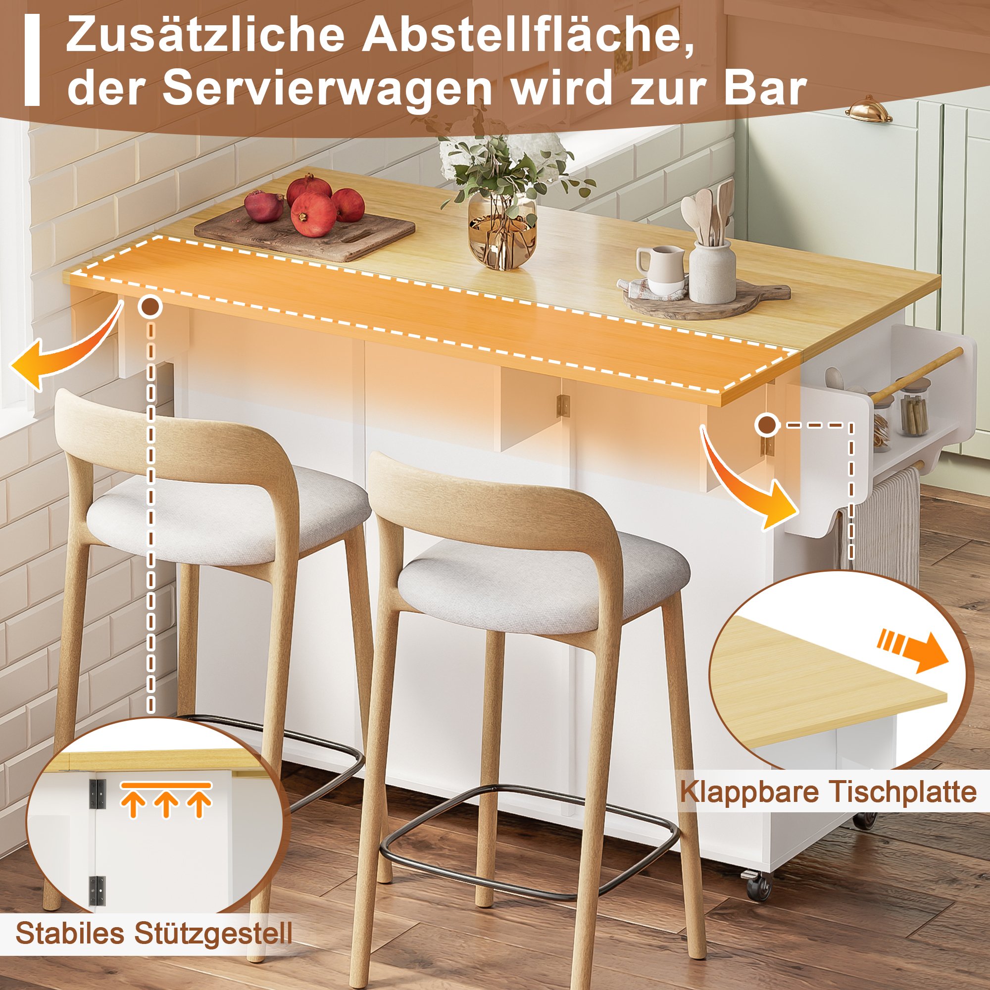 Îlot de cuisine roulant avec plan rabattable, rangement spacieux, tiroir et étagères, pour 2-4 personnes, 120x70x92 cm