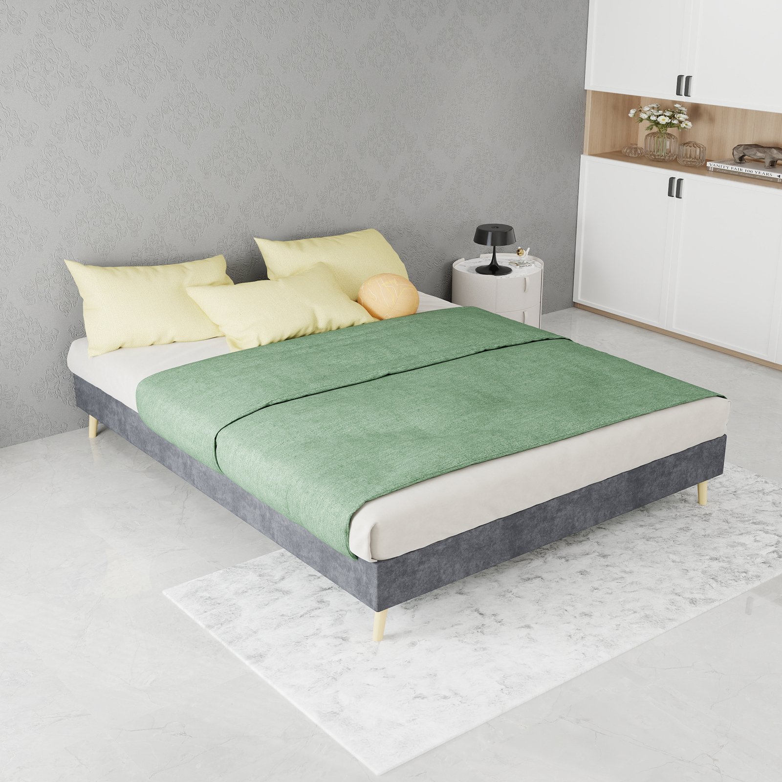 Cadre de lit 140x200 en velours, design moderne, base basse, pour chambre à coucher, sans matelas