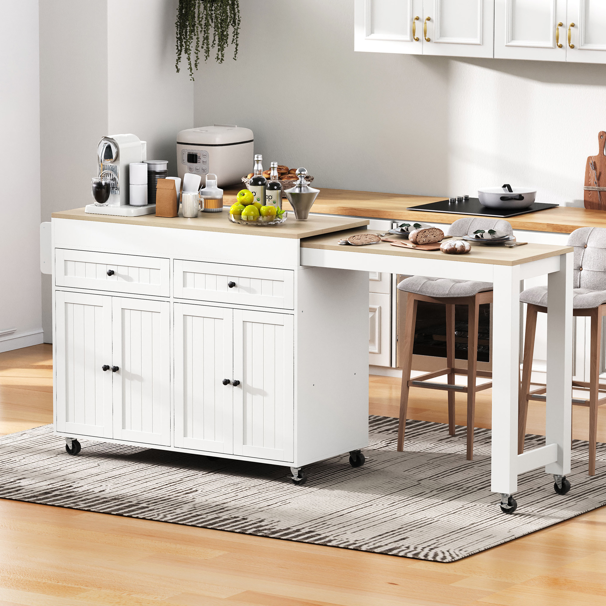 Îlot de cuisine sur roulettes blanc et bois naturel avec plan de travail extensible, rangements et tiroirs, 112-180,5 cm