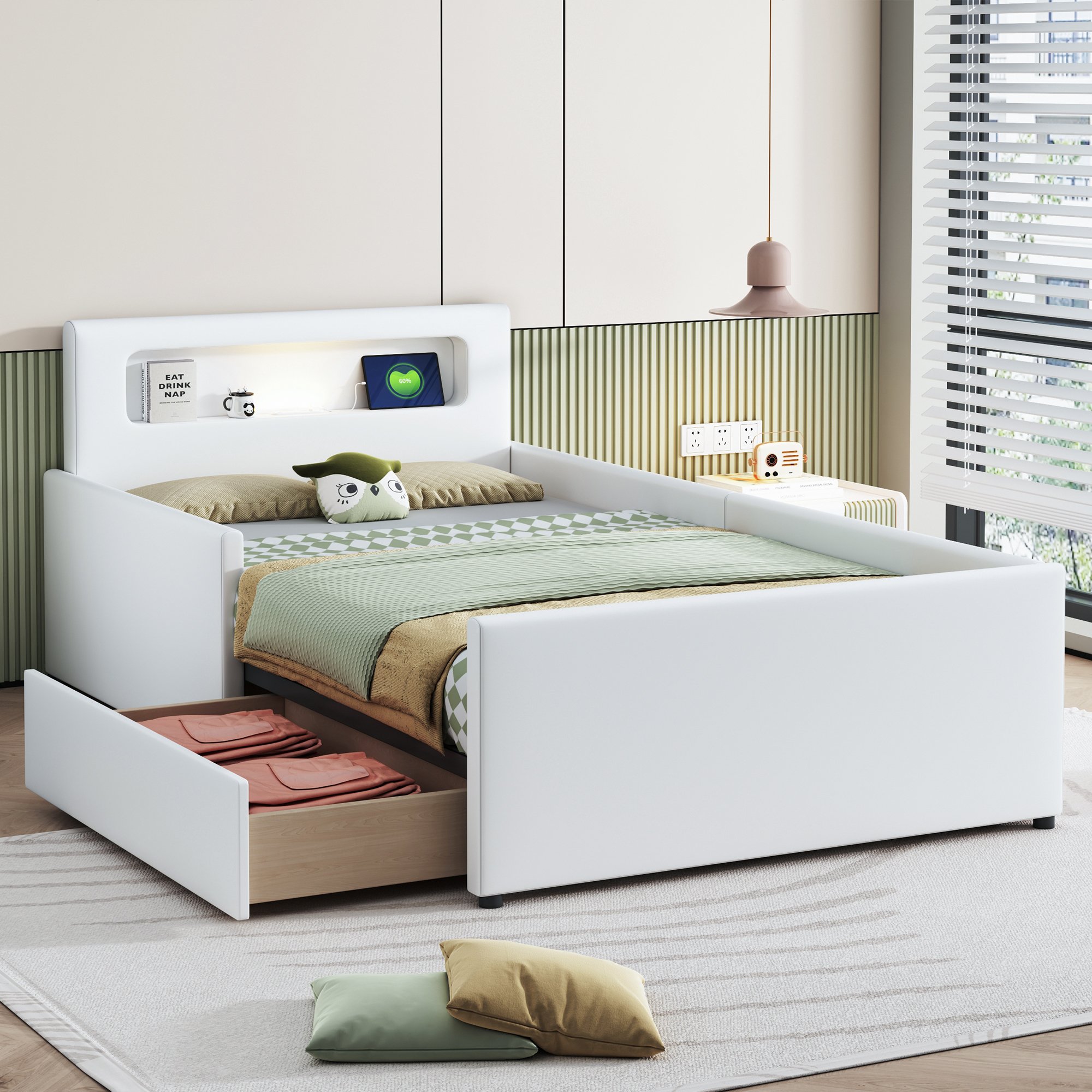 Lit enfant avec rangement 90x200, rembourré, blanc, avec LED et USB, sécurité renforcée