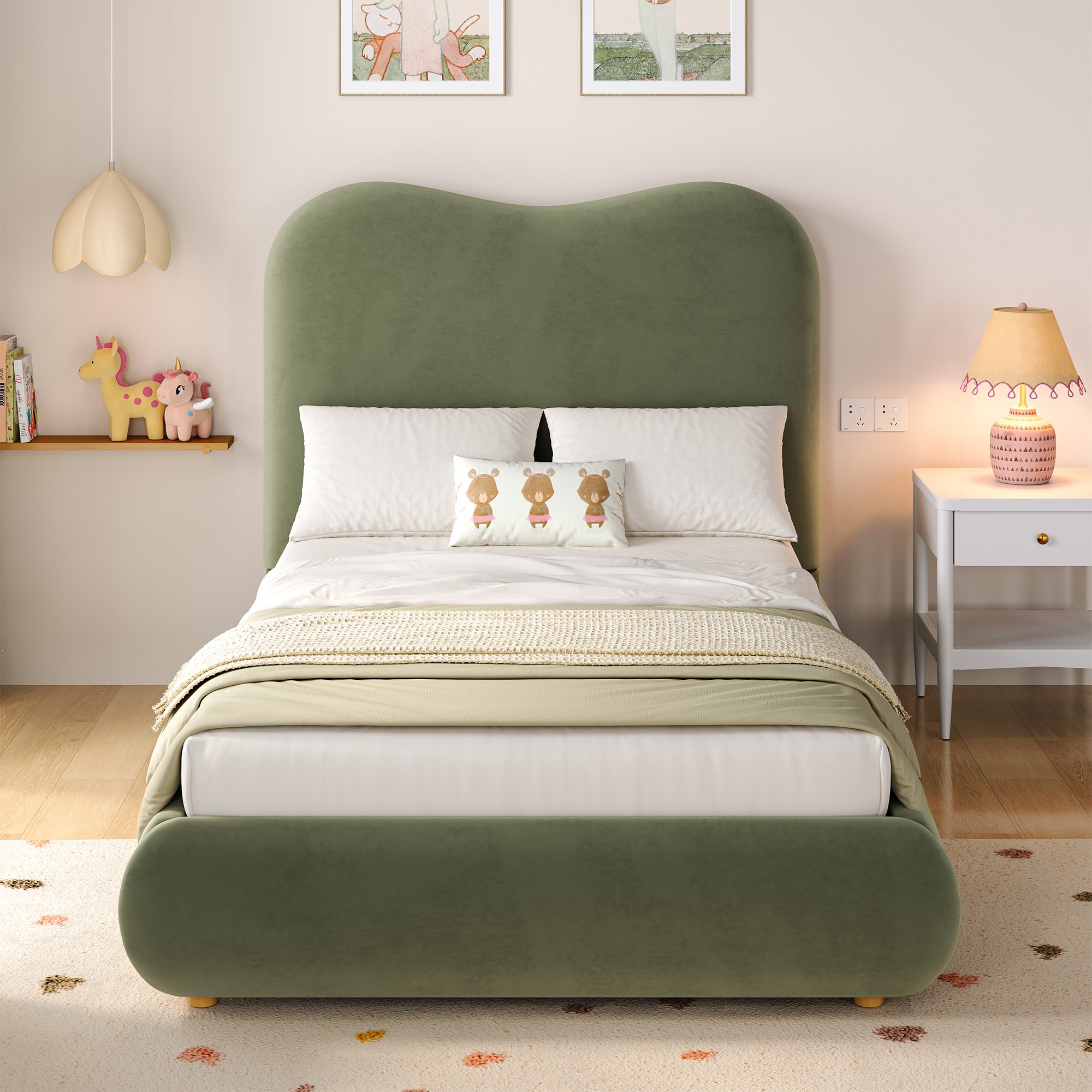 Lit coffre simple 90x200 vert velours avec rangement hydraulique caché, idéal pour chambre d'enfant, montage facile en 2 colis