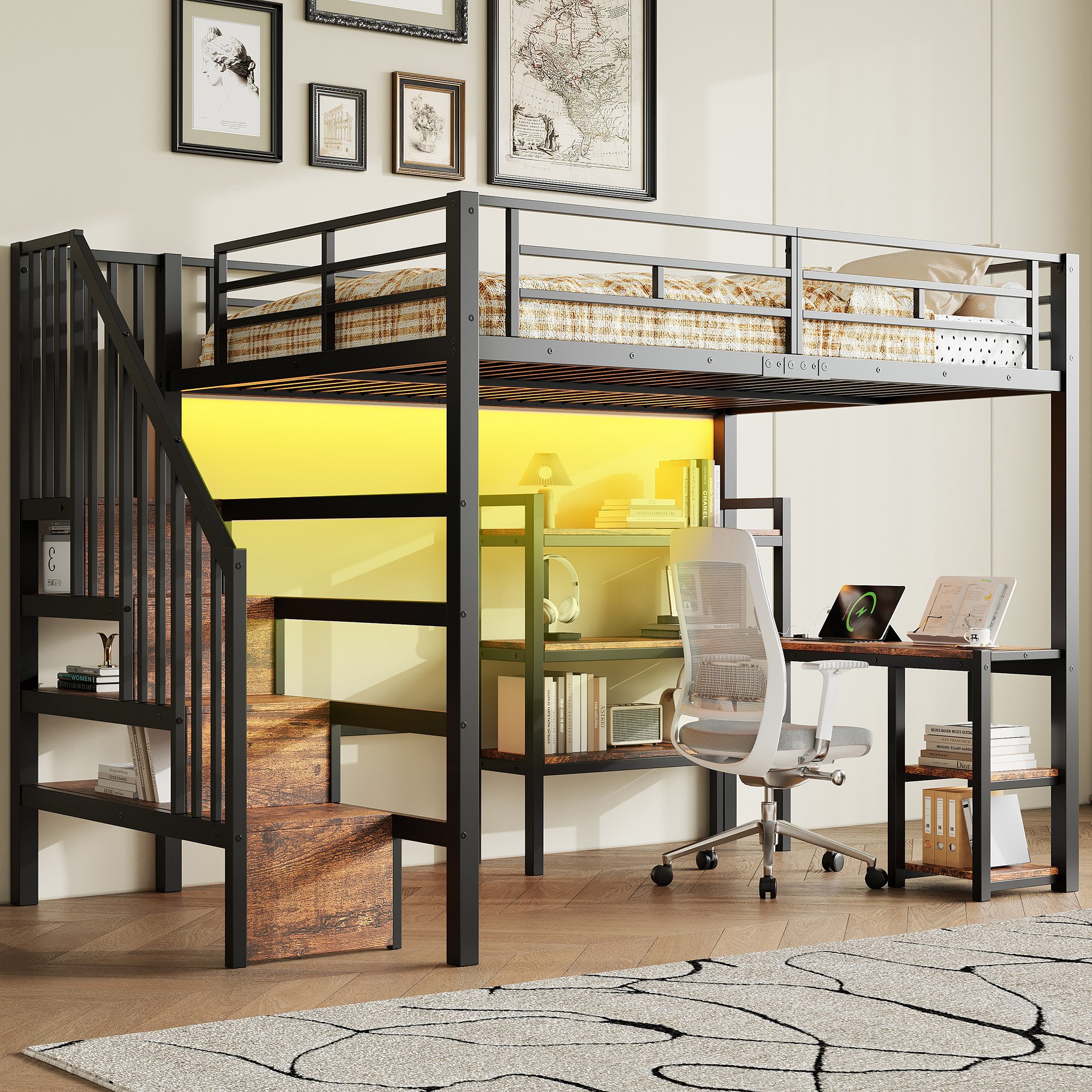 Lit mezzanine 140x200 avec escalier, bureau intégré et rangements, noir