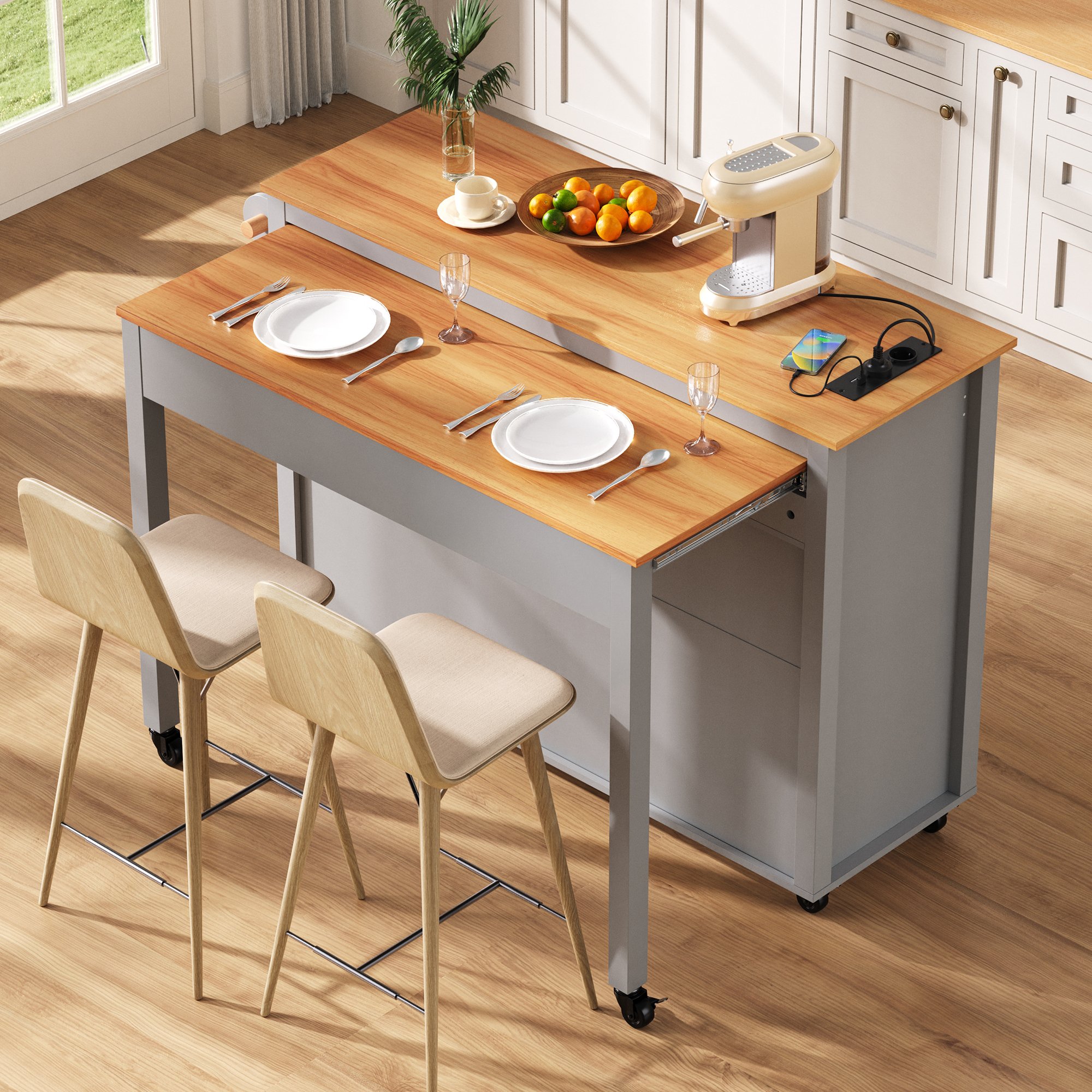 Îlot de cuisine extensible avec plan de travail, rangement poubelle, prises intégrées, 7 roulettes, gris, Panneau composite de fibres de bois à densité, 120x40-75x92 cm