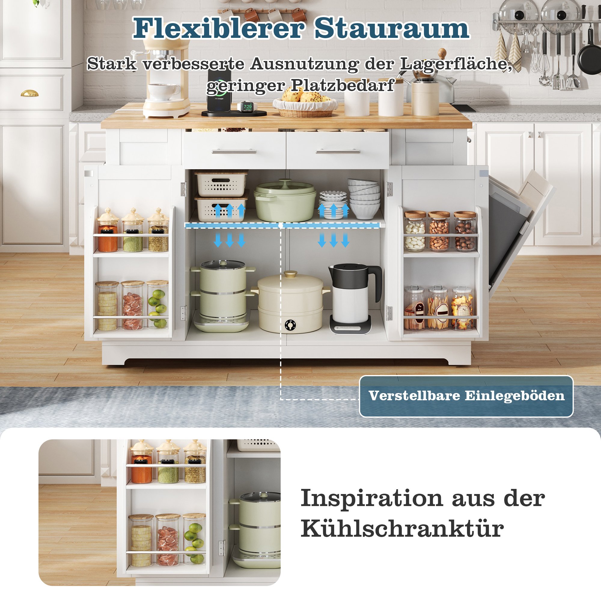 Îlot de cuisine 138 cm blanc aspect bois avec plan rabattable, roulettes silencieuses, prises EU, étagères et poubelle intégrée